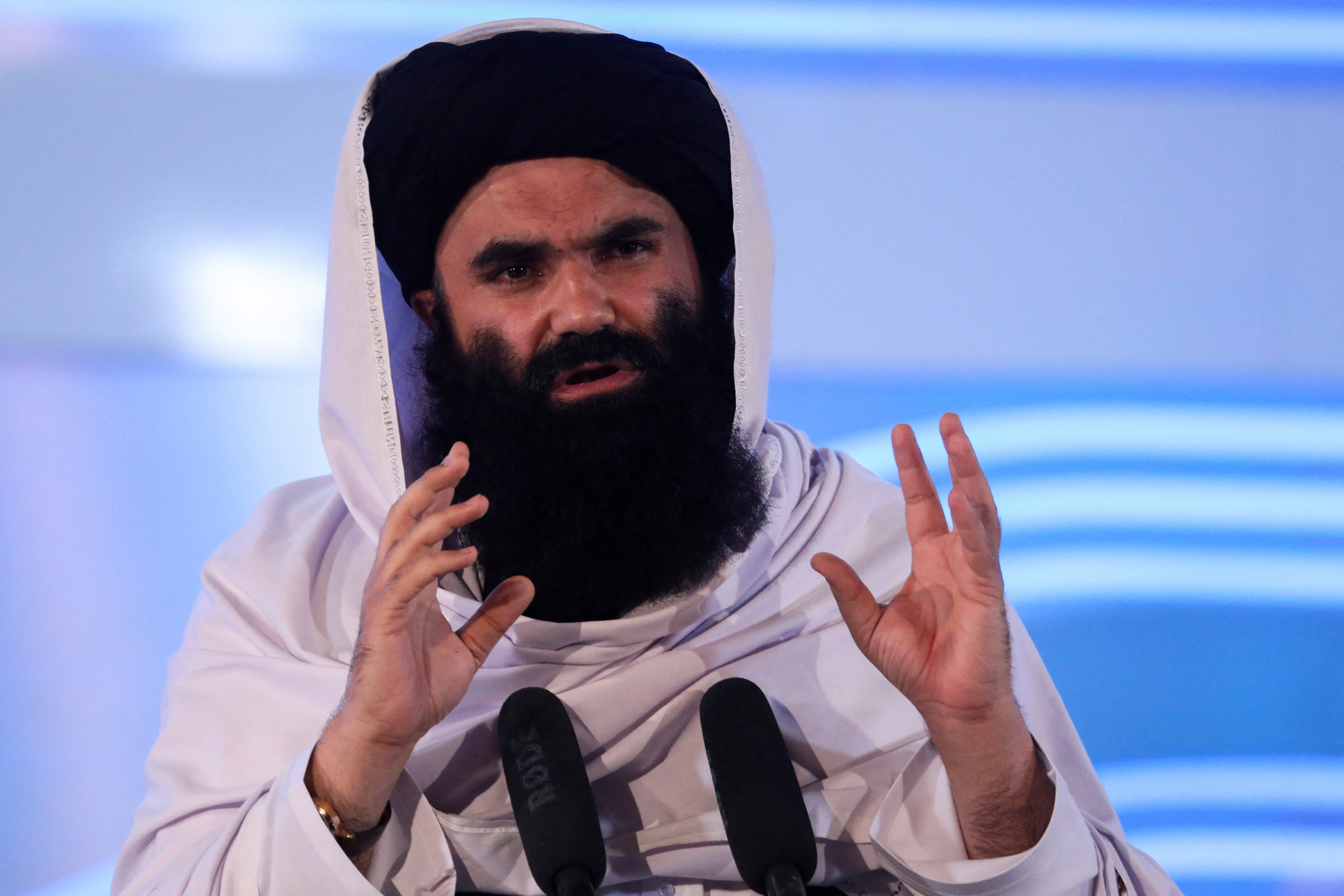 Afghan Taliban's acting Interior Minister Sirajuddin Haqqani speaks during the anniversary of the departure of the Soviet Union from Afghanistan, in Kabul
