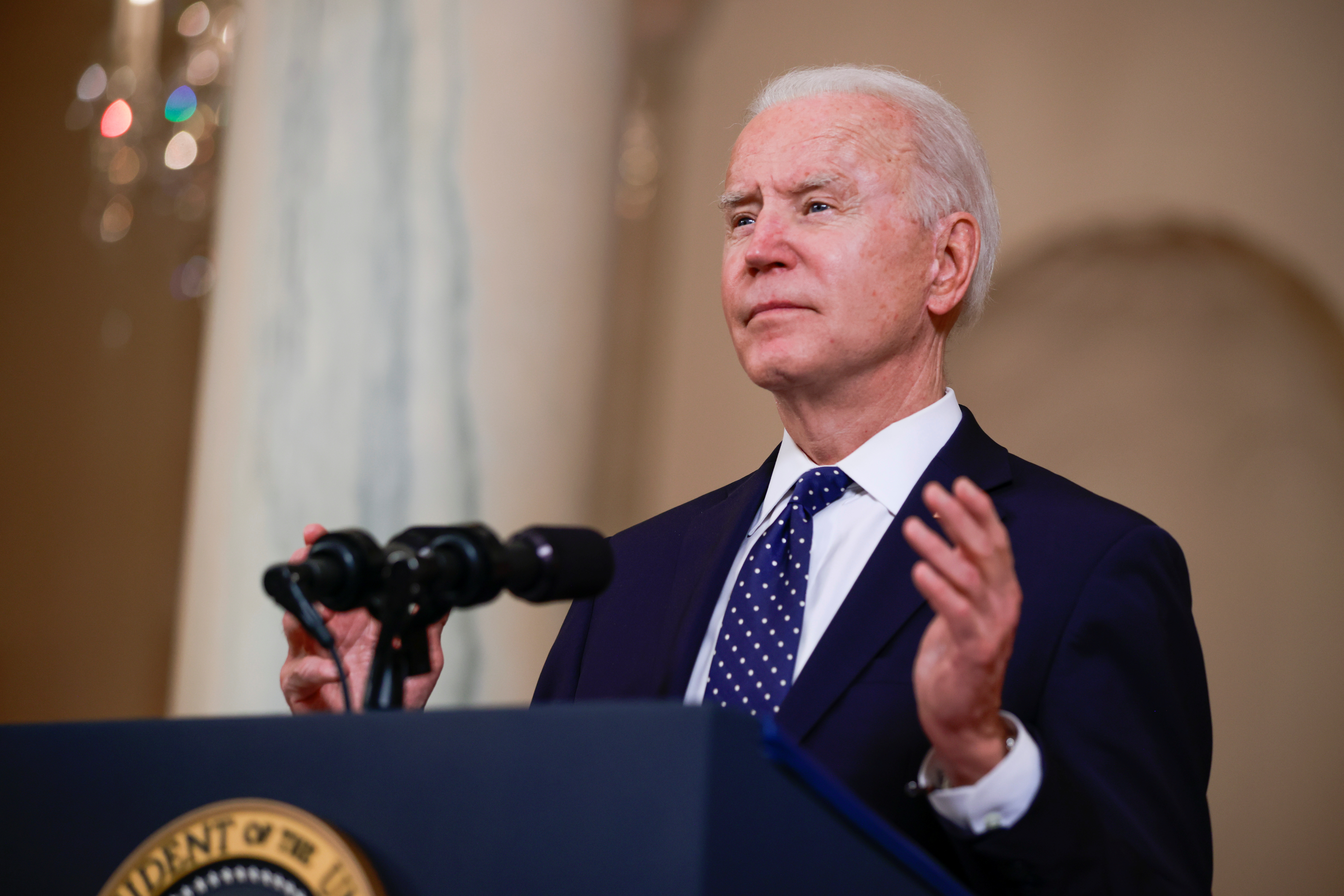 U.S. President Biden and Vice President Harris  speak after guilty verdicts reached in trial of former Minneapolis police officer Chauvin at the White House in Washington