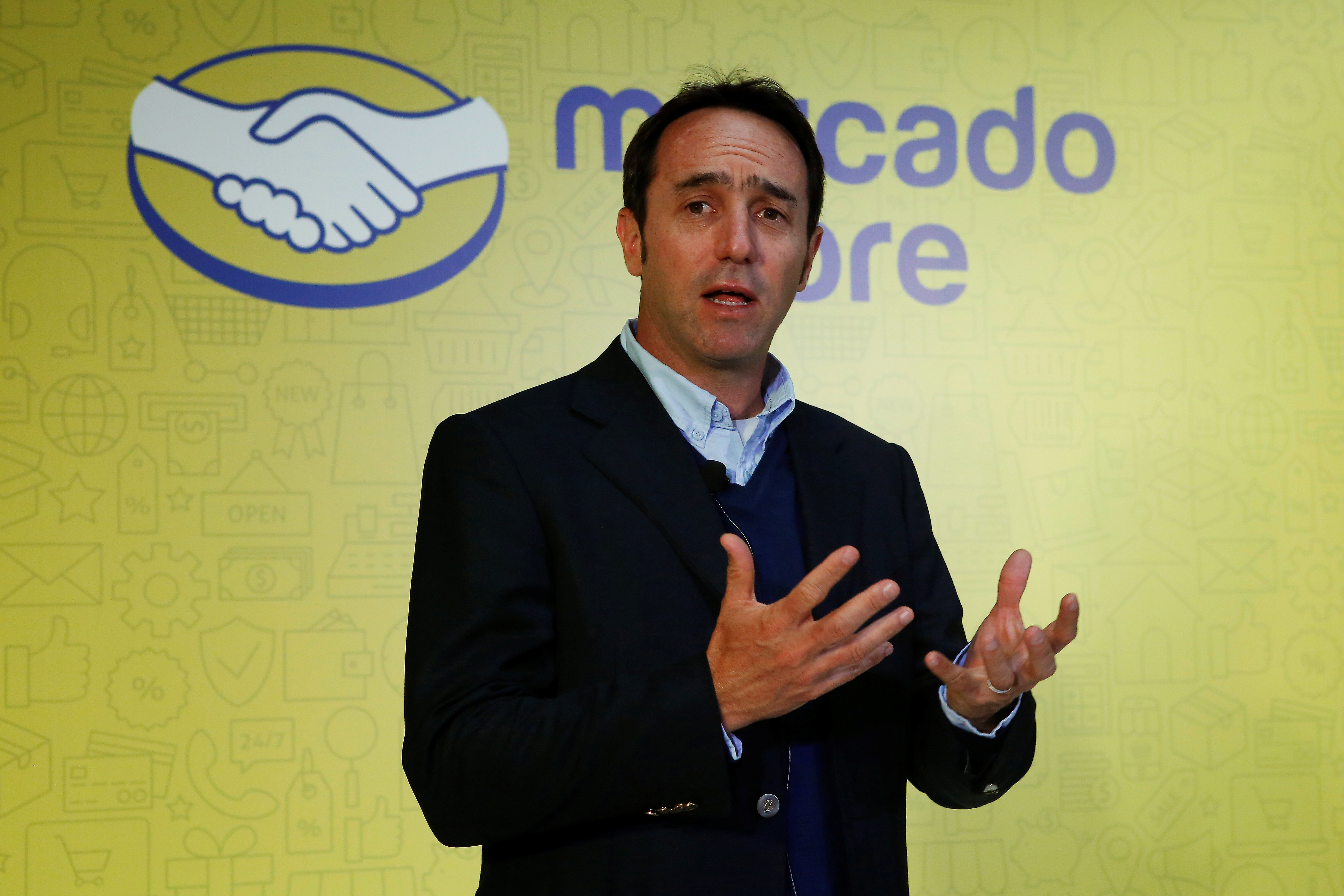 Founder and CEO of e-commerce platform MercadoLibre Marcos Galperin speaks during a news conference in Mexico City