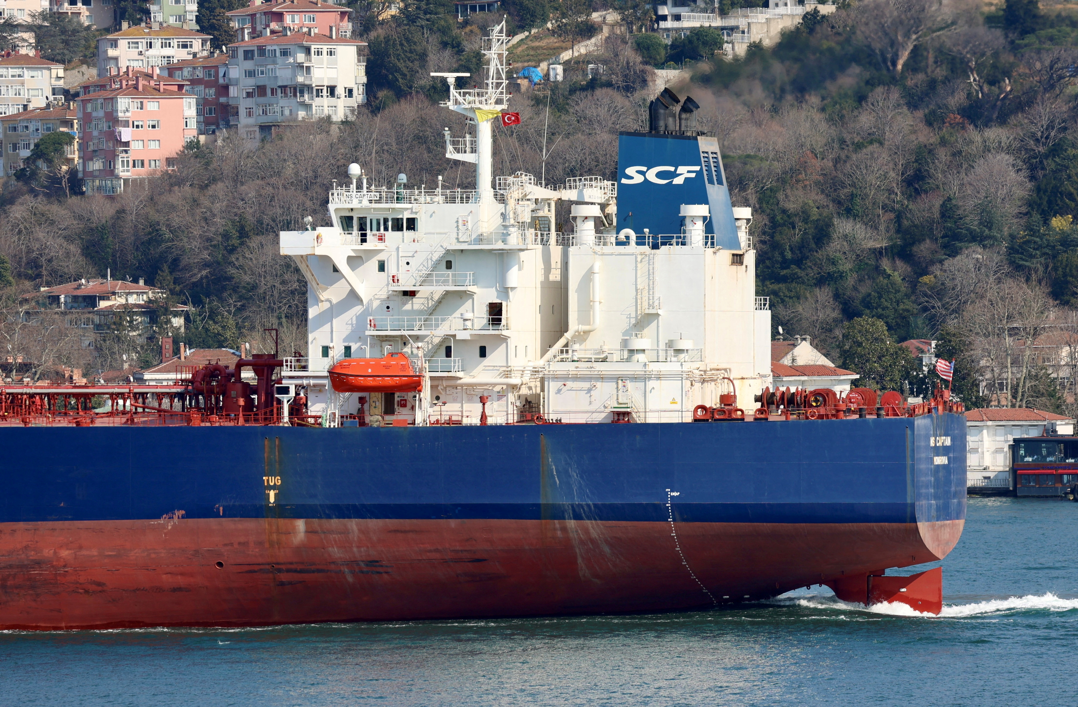 Liberia-flagged crude oil tanker NS Captain, owned by Russia's leading tanker group Sovcomflot, transits the Bosphorus