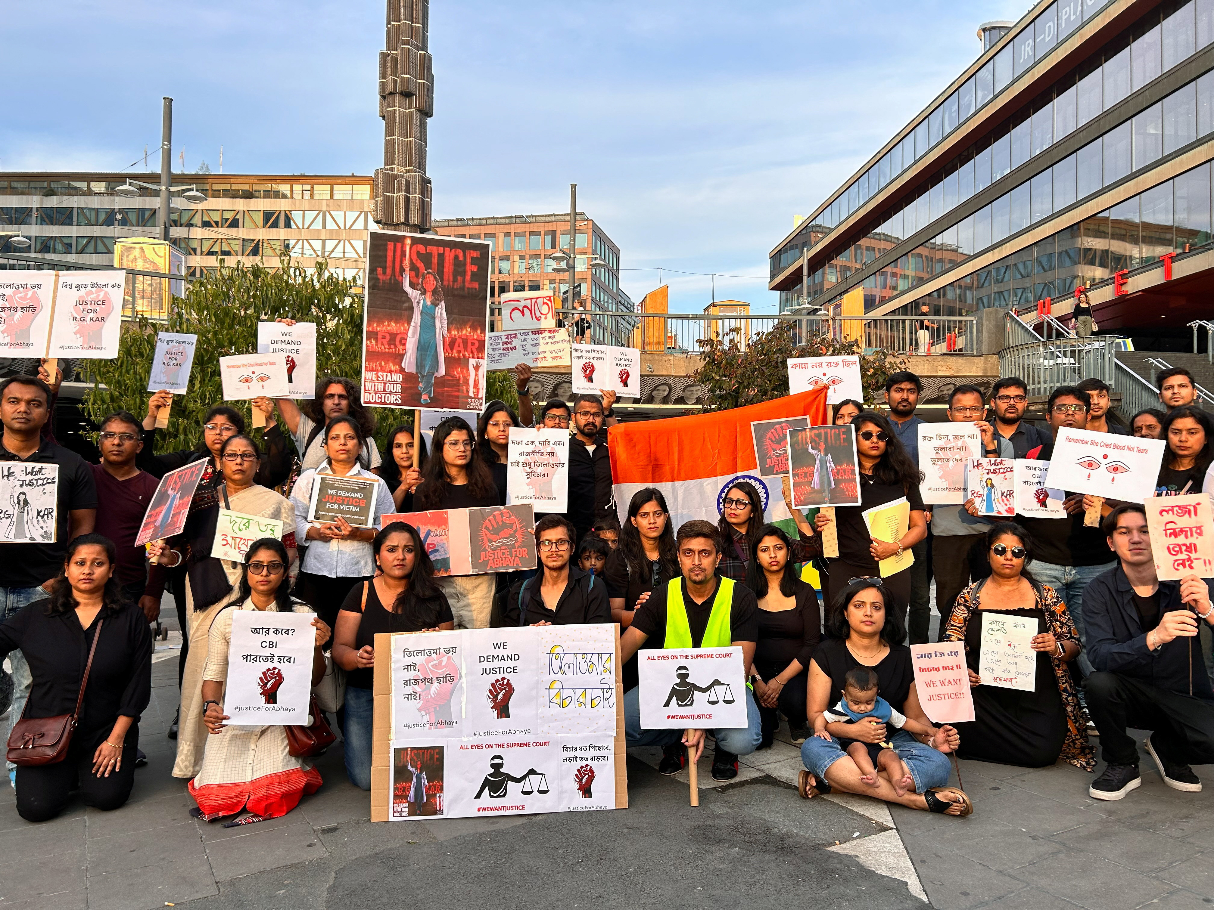 People from the Indian diaspora protest the rape and murder of a trainee medic in Kolkata last month, in Stockholm