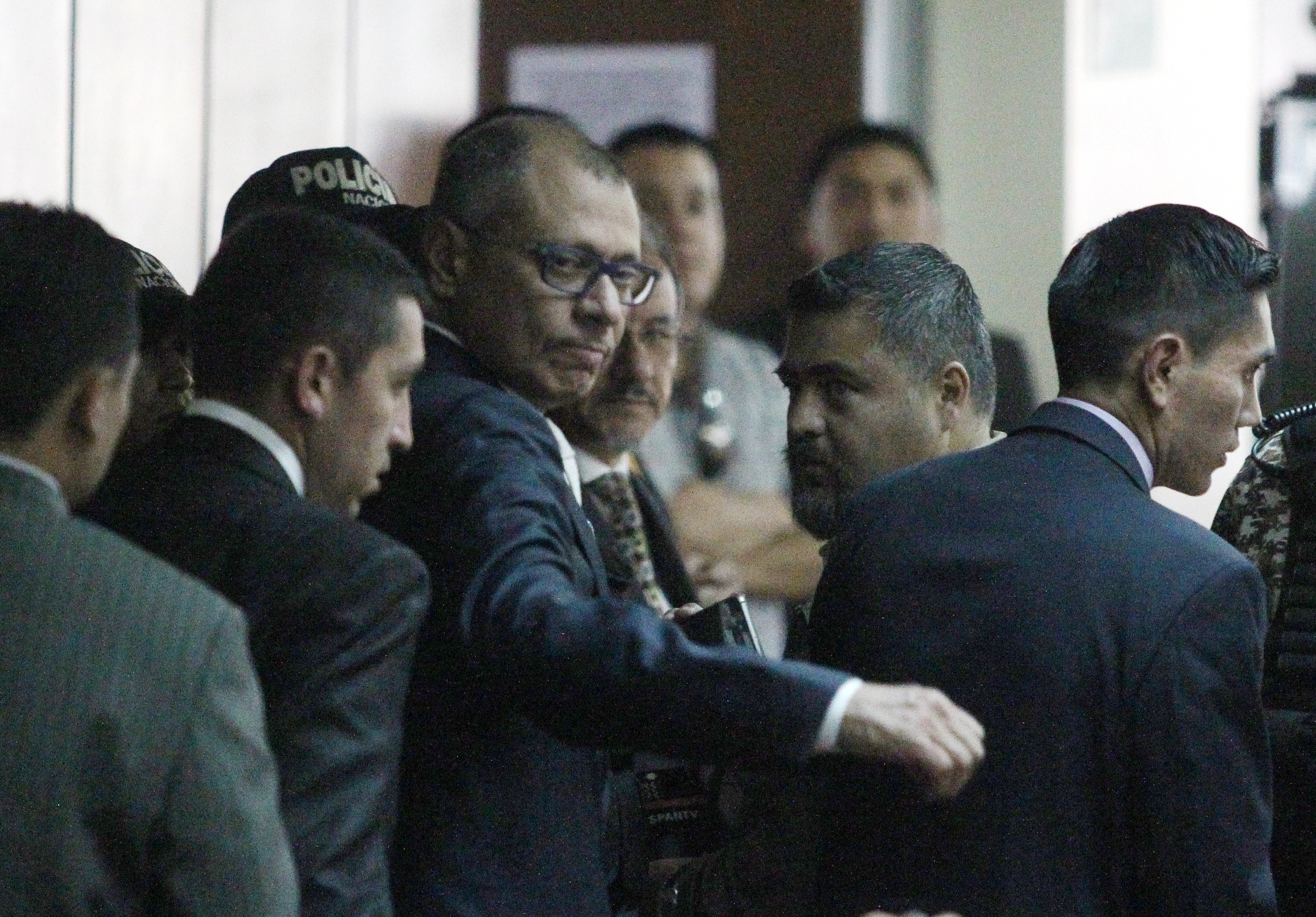 Ecuadorean Vice President Jorge Glas reacts as he arrives to court, to attend his trial on bribery from Brazilian construction company Odebrecht, in Quito
