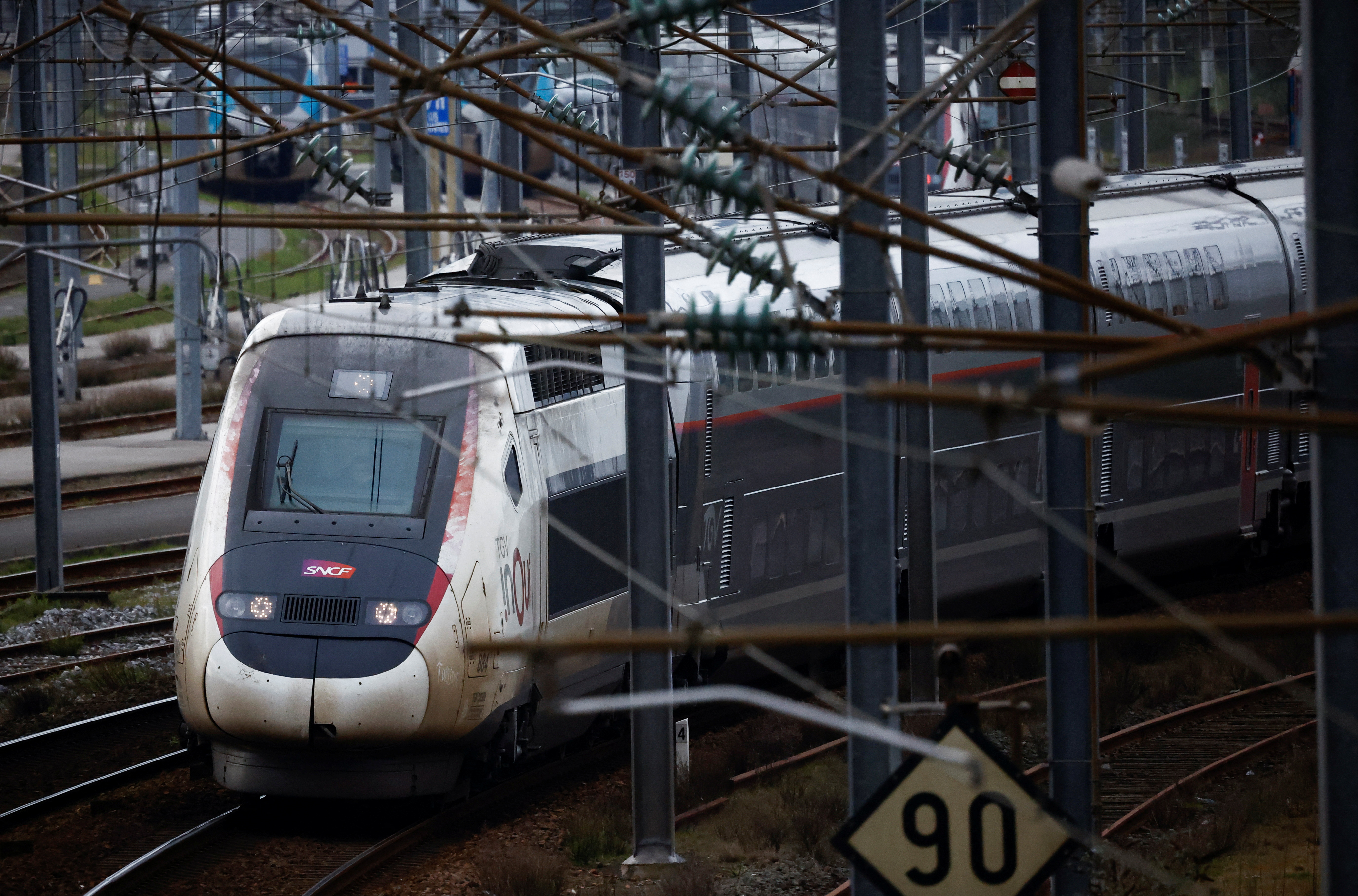 A TGV high speed train is seen at a railway station in Nantes