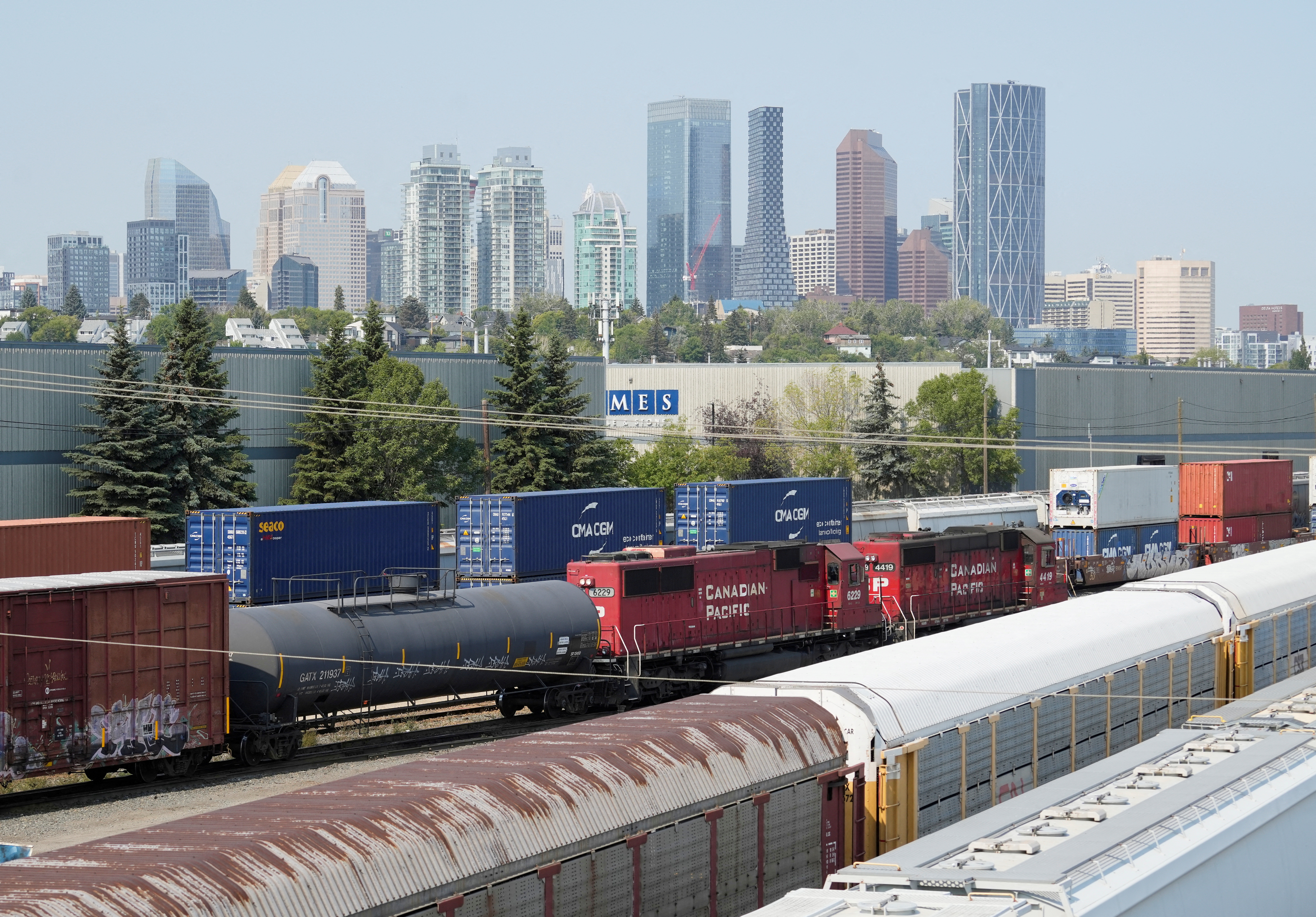 Trains sit at CPKS Alyth yards near downtown Calgary after the Teamsters union workers were locked out by the company in Calgary