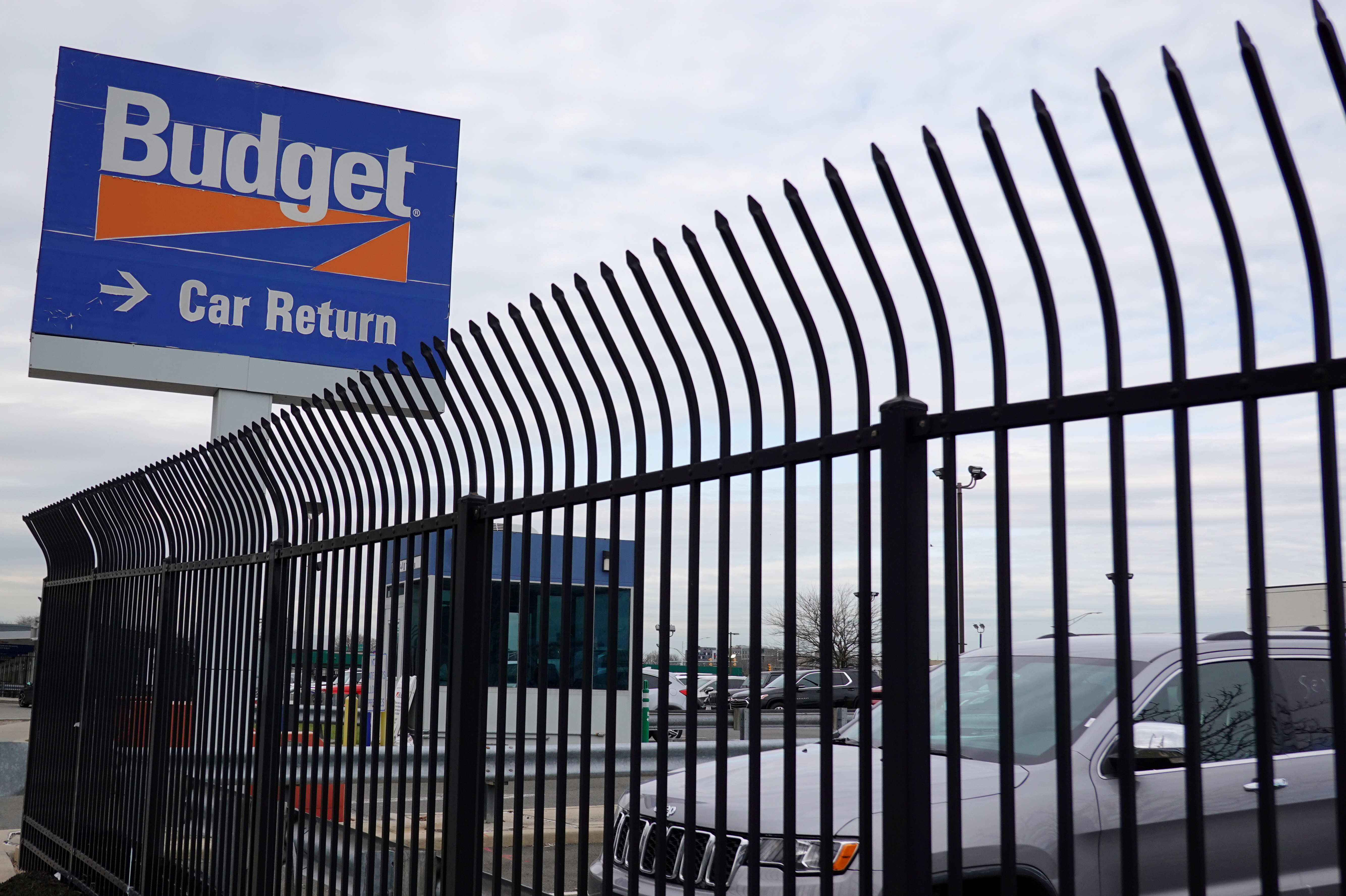 Budget rental car signage is seen at John F. Kennedy International Airport in Queens, New York City