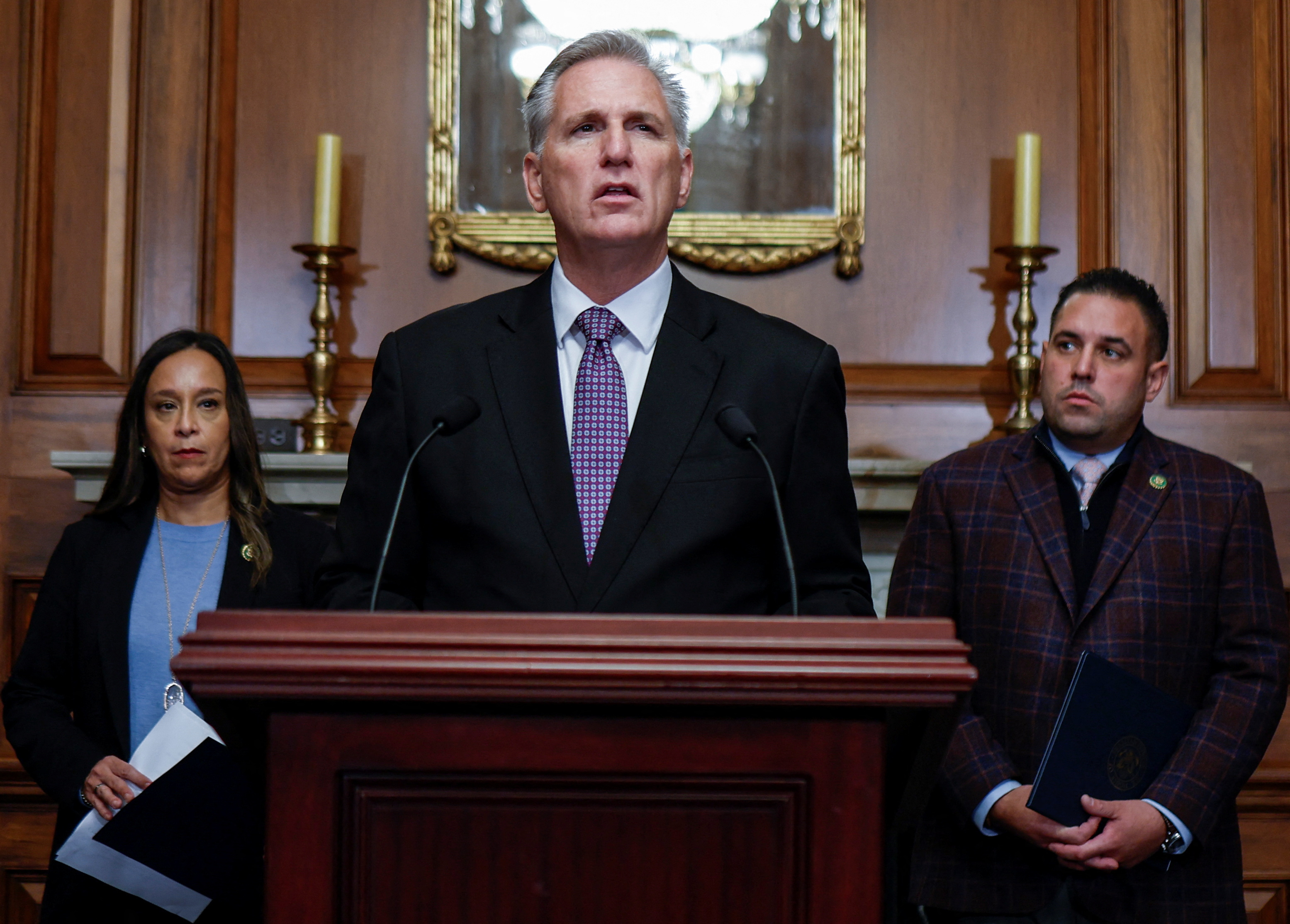 U.S. House Speaker Kevin McCarthy faces reporters about looming government shutdown at the Capitol in Washington