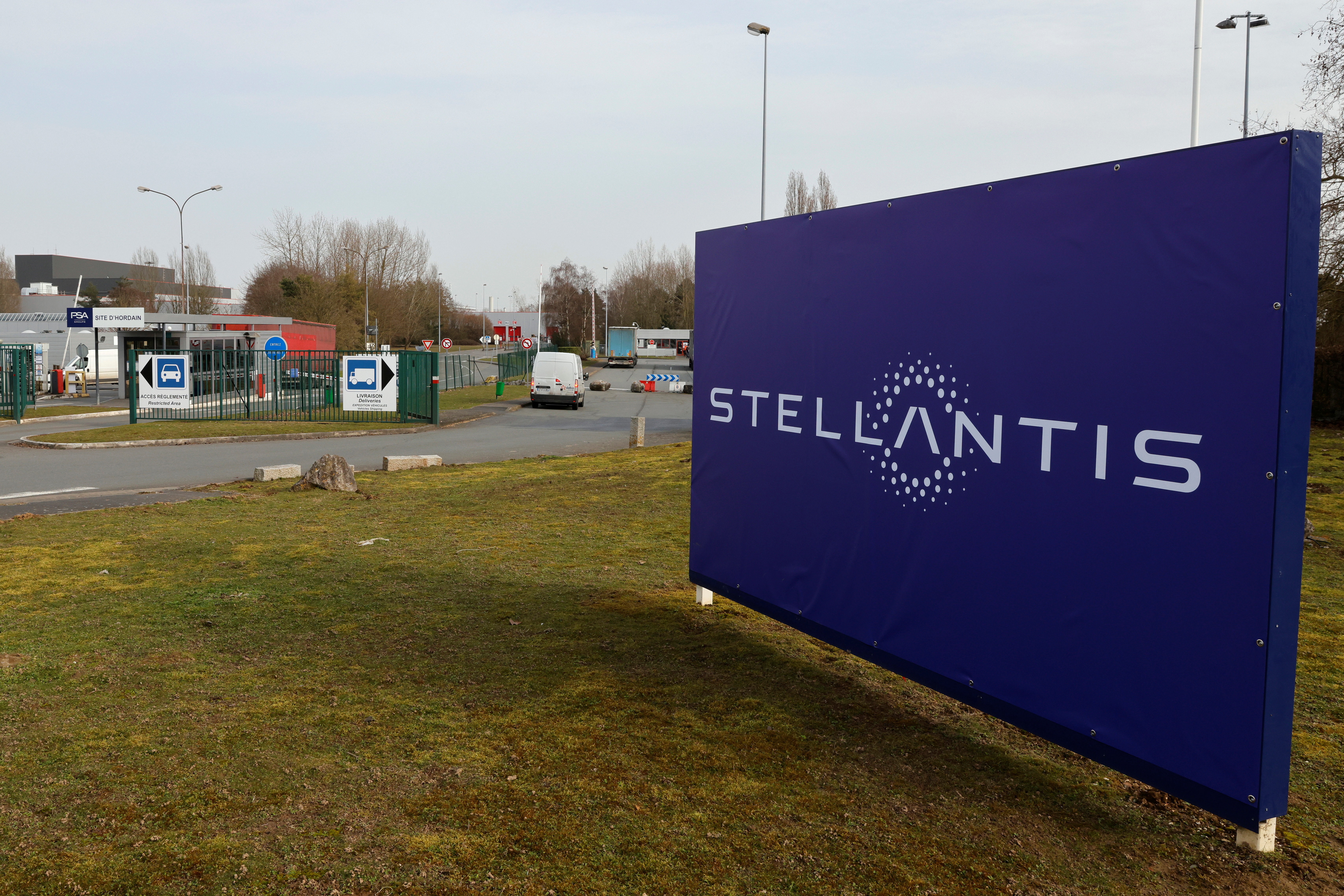 Logo of Stellantis at the company's factory in Hordain