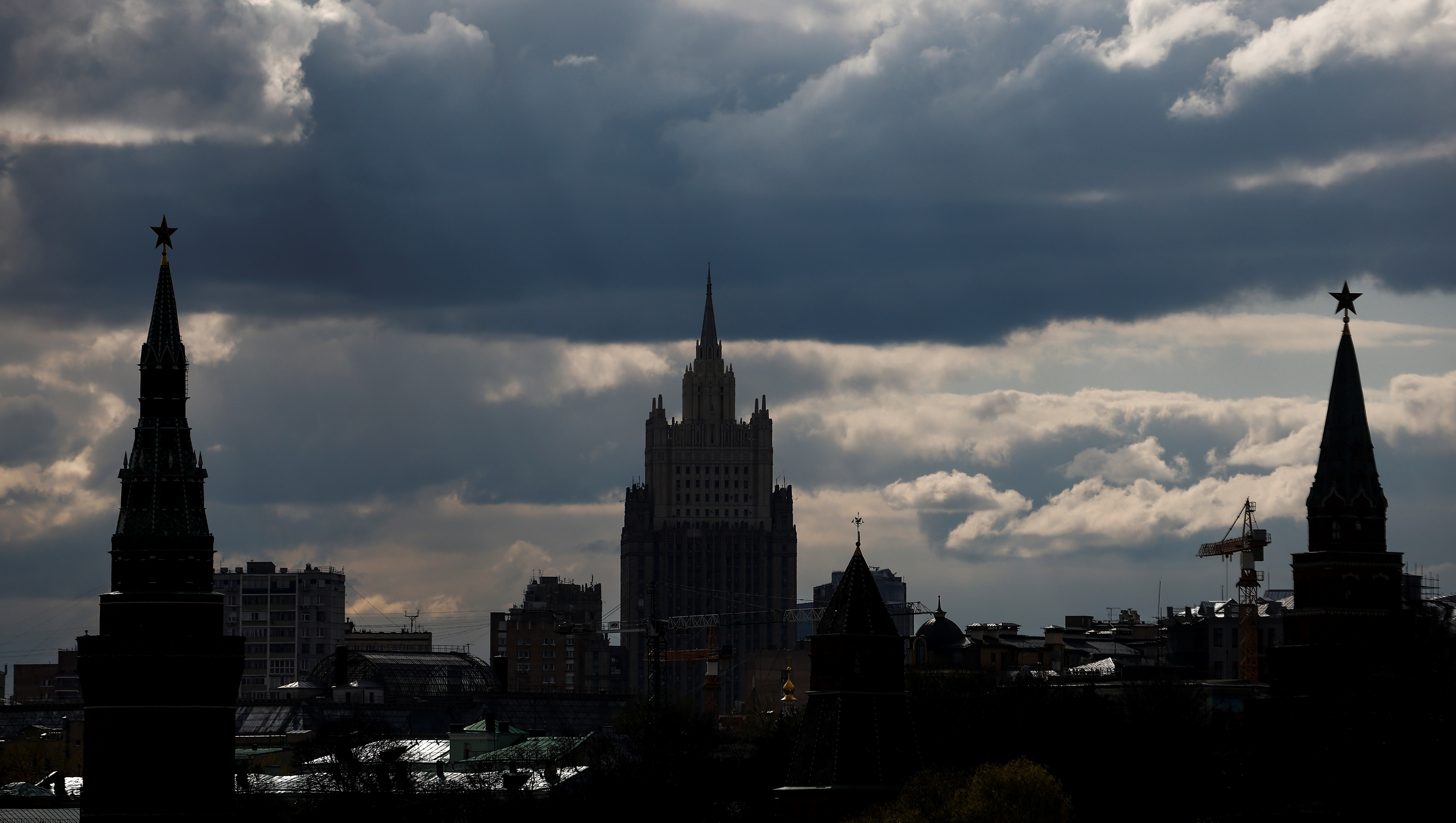General view shows the Russian Foreign Ministry headquarters and towers of the Kremlin in Moscow