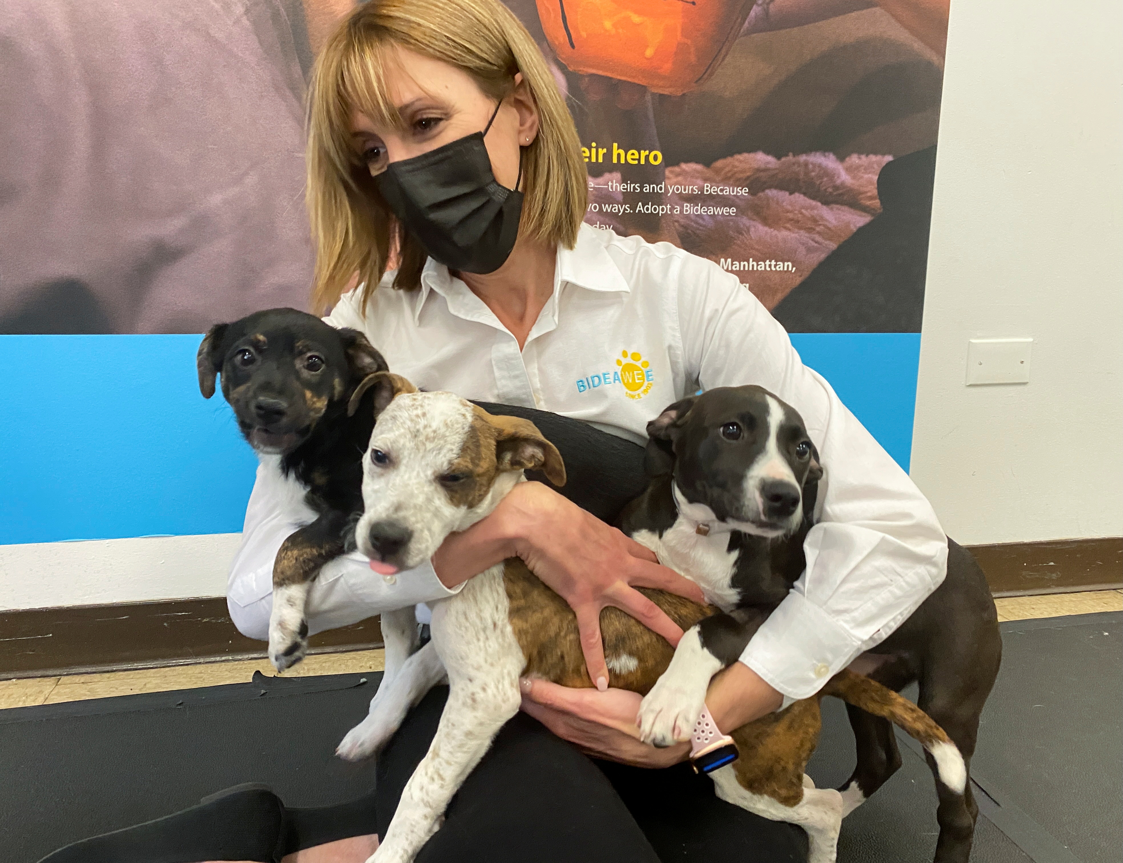 Leslie Granger, president and CEO of the animal welfare organization Bideawee, holds 8-week-old puppies up for adoption, in New York City, New York, U.S., April 30, 2021. REUTERS/Roselle Chen