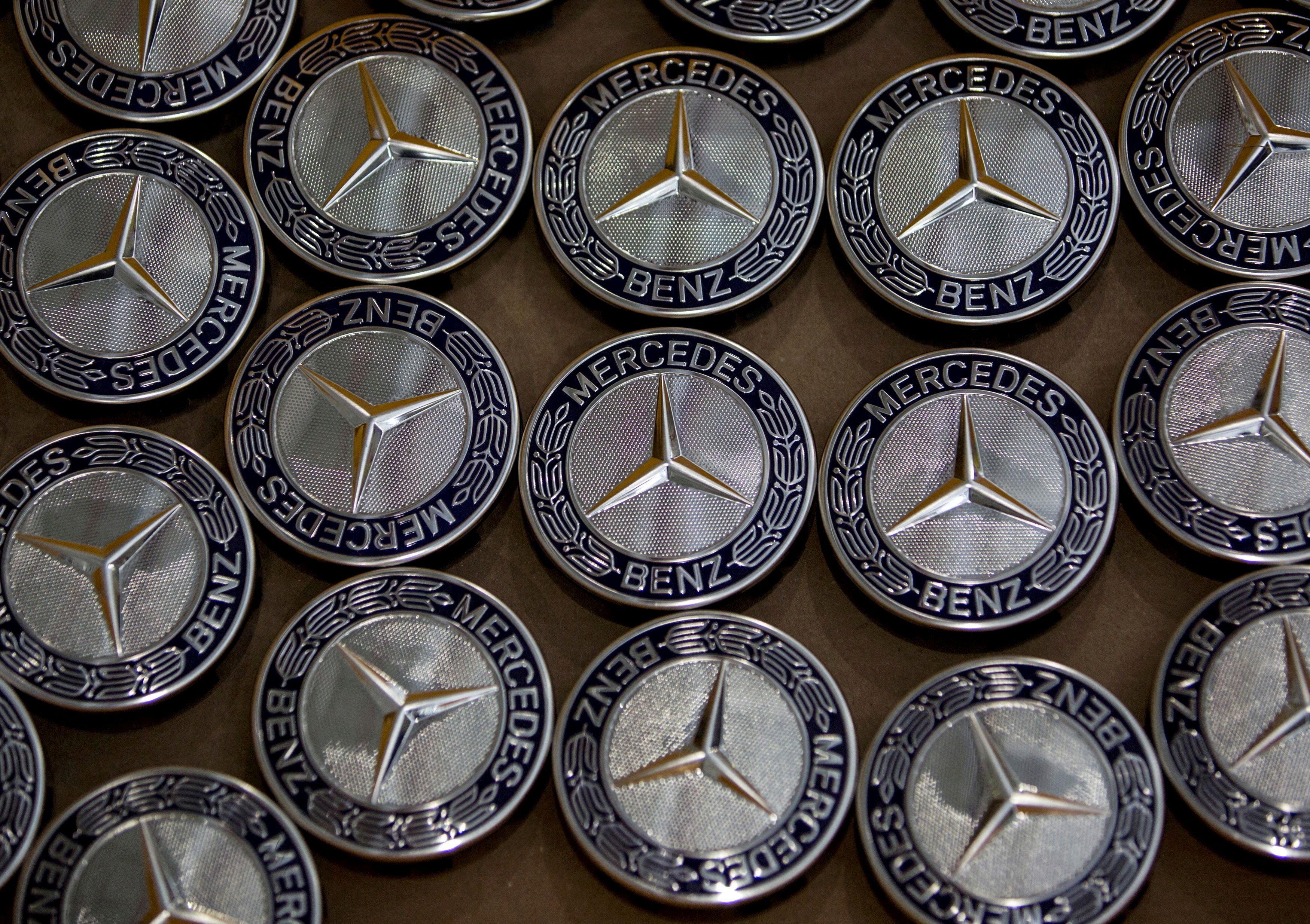 Mercedes-Benz logos are seen at the company's vehicle assembly plant in Chakan