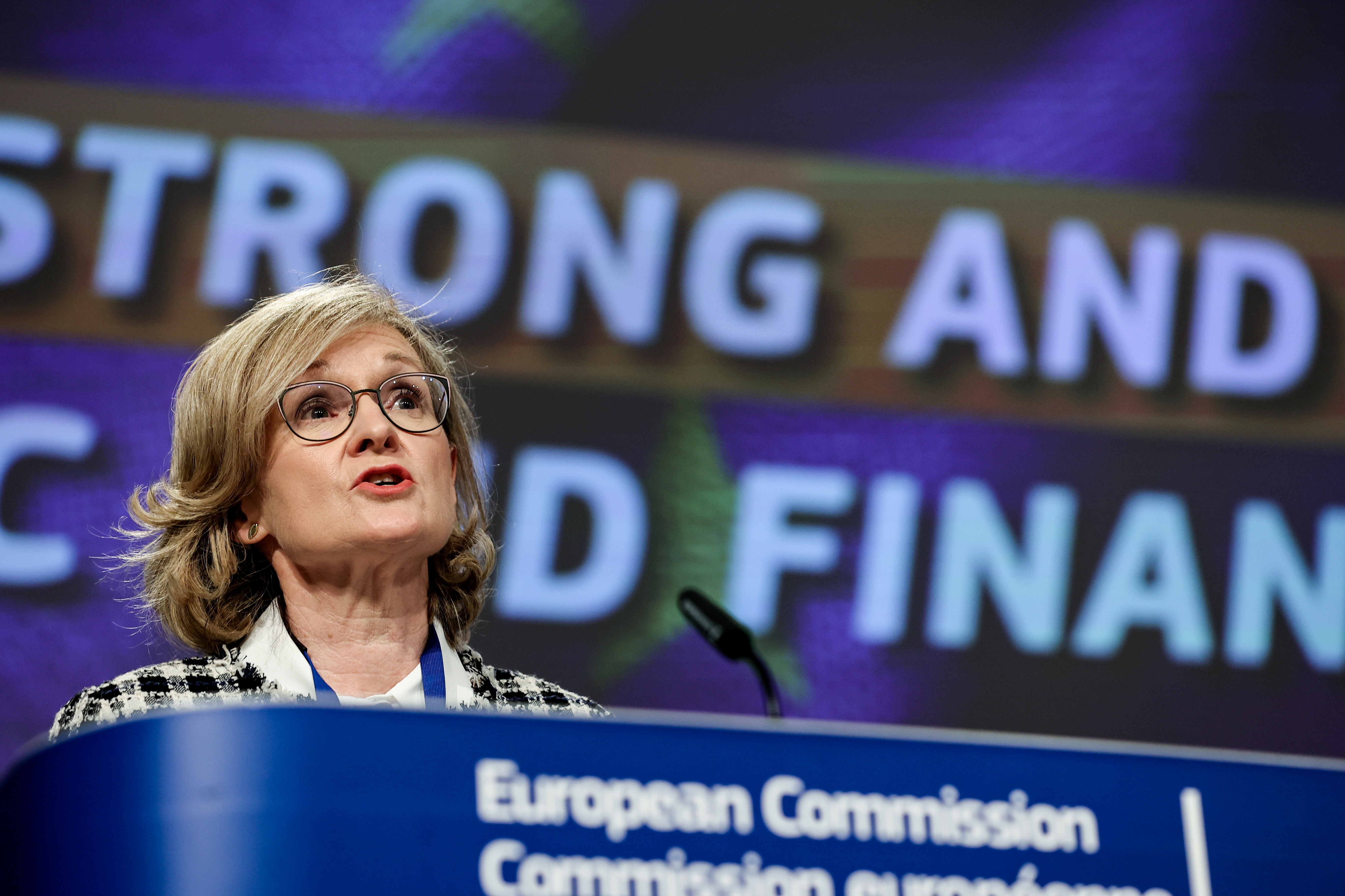 EU Commissioner Financial Services, Stability and the Capital Markets Union Mairead McGuinness speaks at a news conference on the fostering the openness, strength and resilience of Europe's economic and financial system in Brussels, Belgium January 19, 2021 at the European Union headquarters. Kenzo Tribouillard/Pool via REUTERS