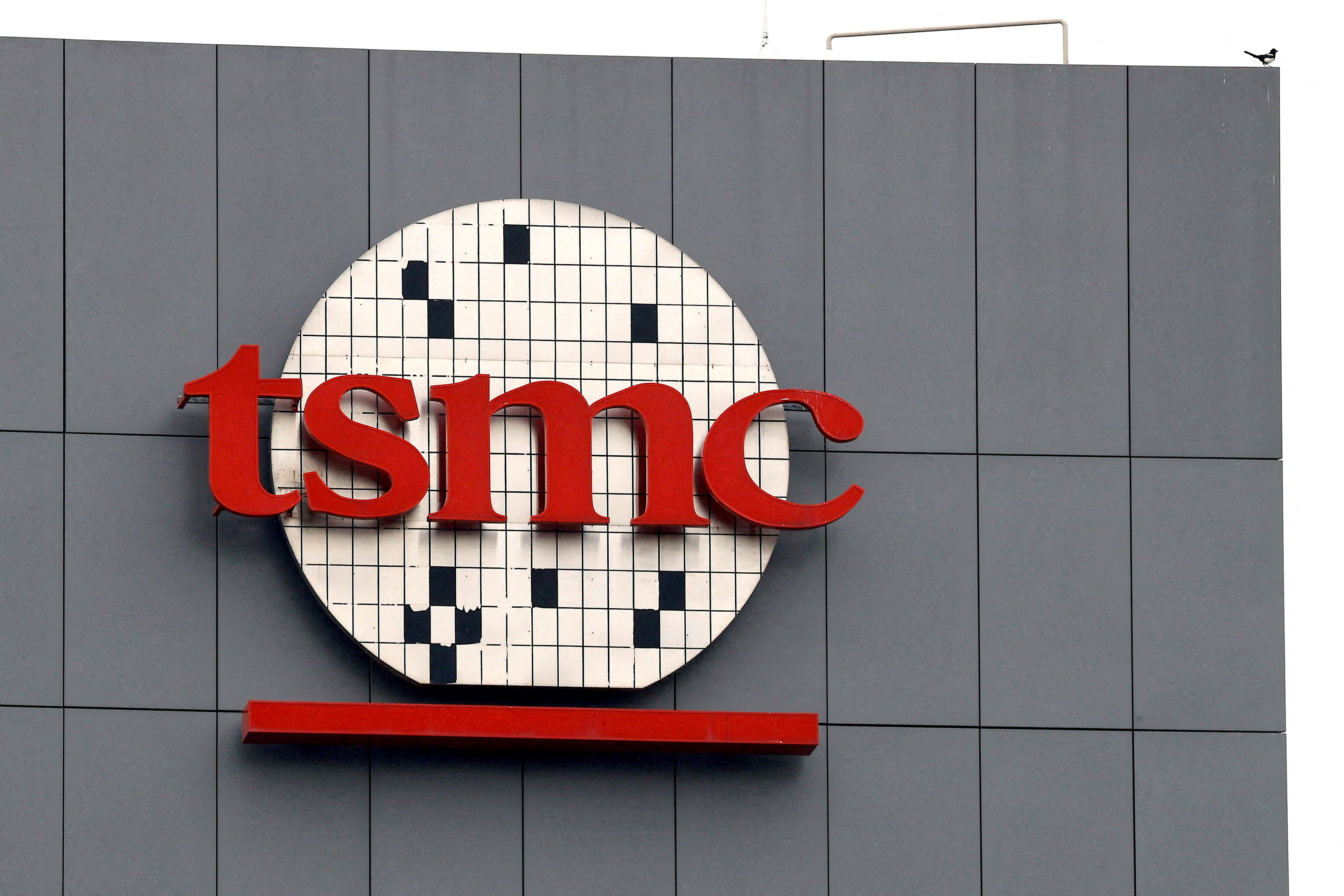 A logo of Taiwanese chip giant TSMC can be seen in Tainan, Taiwan