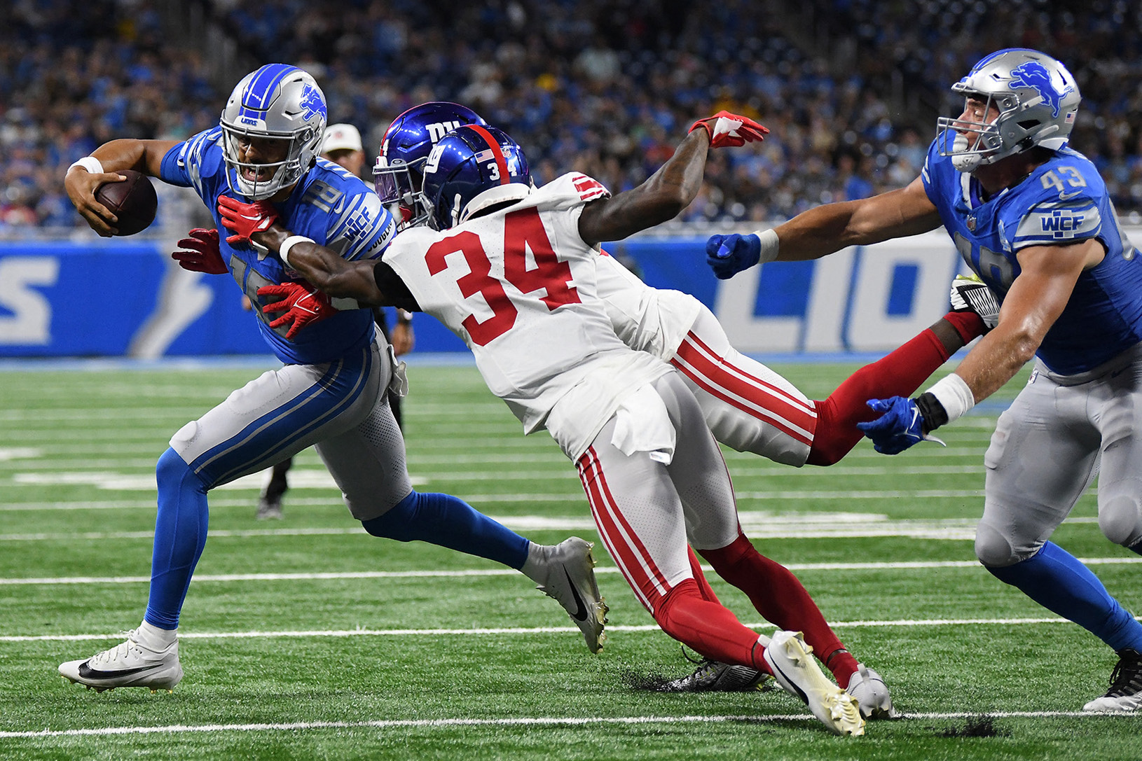 DETROIT, MI - AUGUST 8: Detroit Lions mascot, Roary, during NFL pre-season  game between New England Patriots and Detroit Lions on August 8, 2019 at  Ford Field in Detroit, MI (Photo by