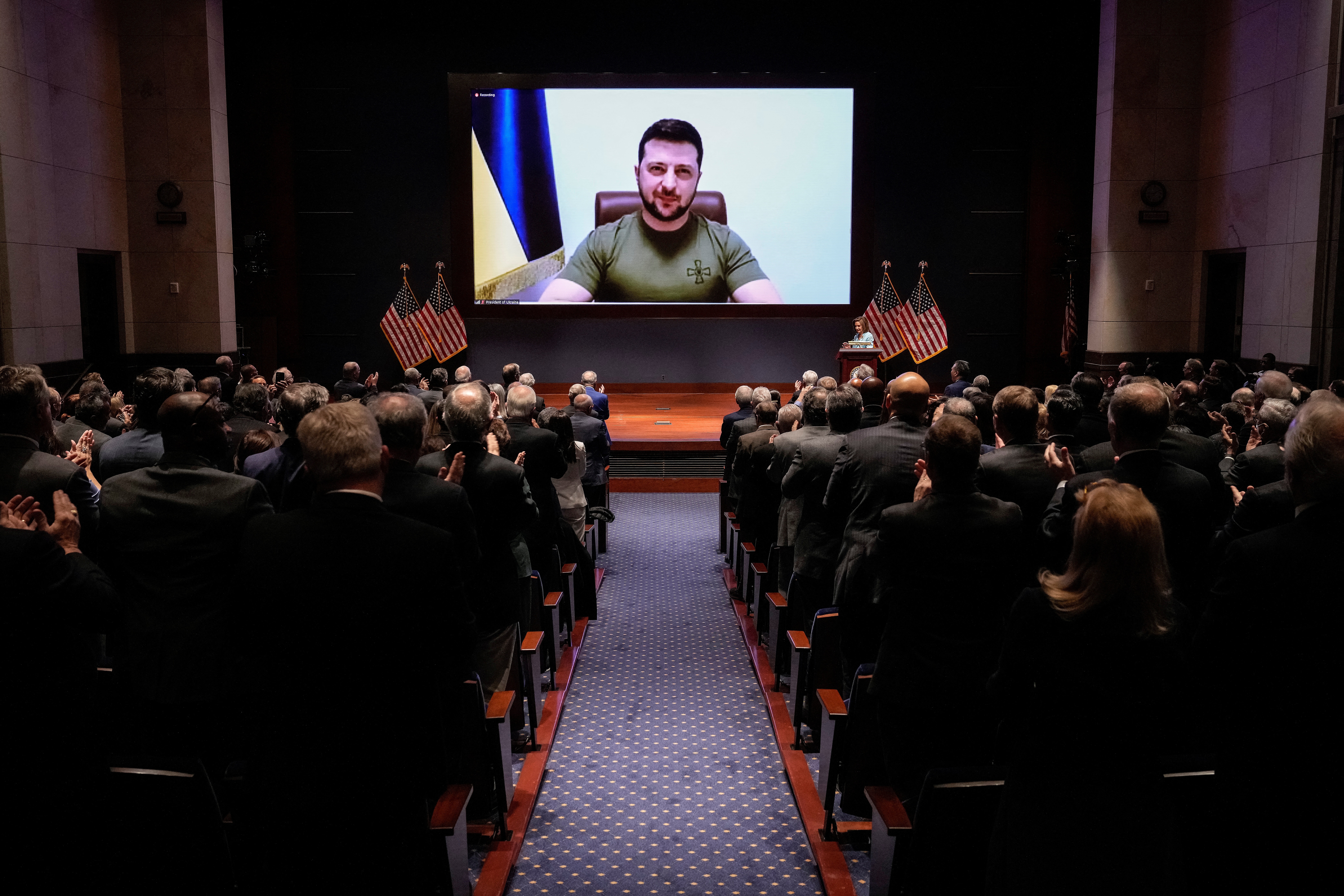 Ukraine's President Volodymyr Zelenskiy delivers video address to members of the U.S. Congress at the Capitol in Washington