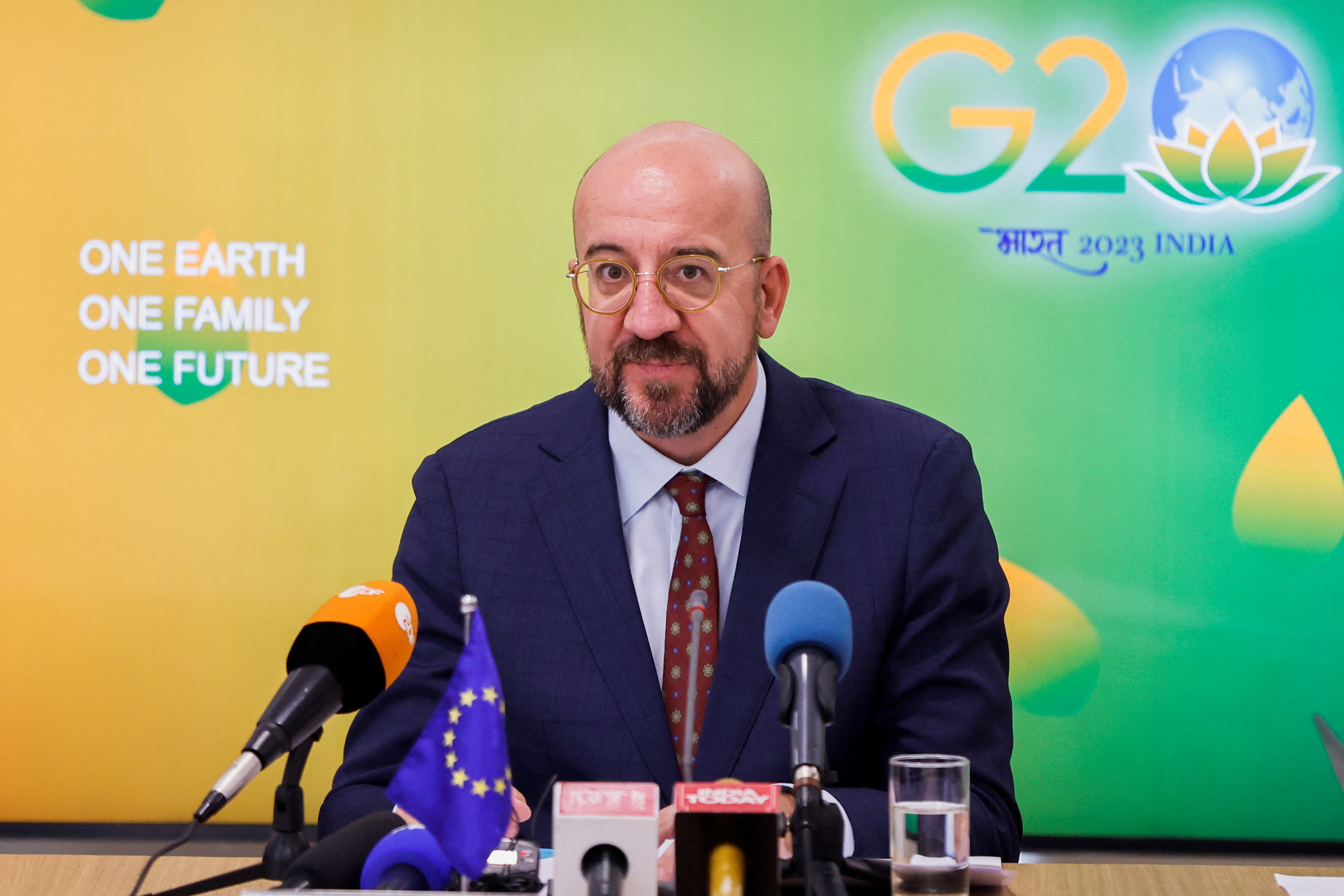 European Council President Michel attends a press briefing ahead of the G20 Summit in New Delhi