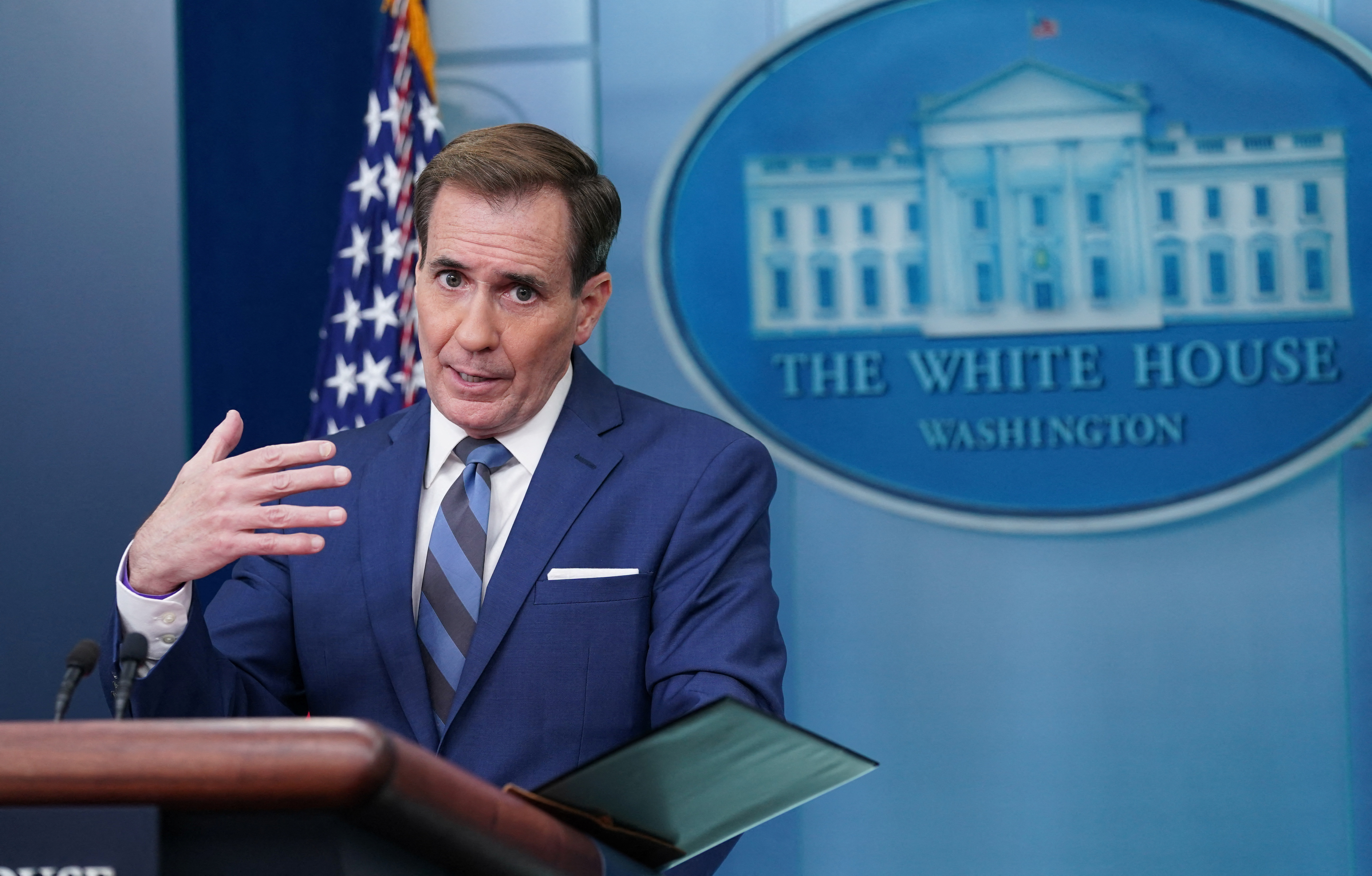 John Kirby speaks at a press briefing at the White House in  Washington