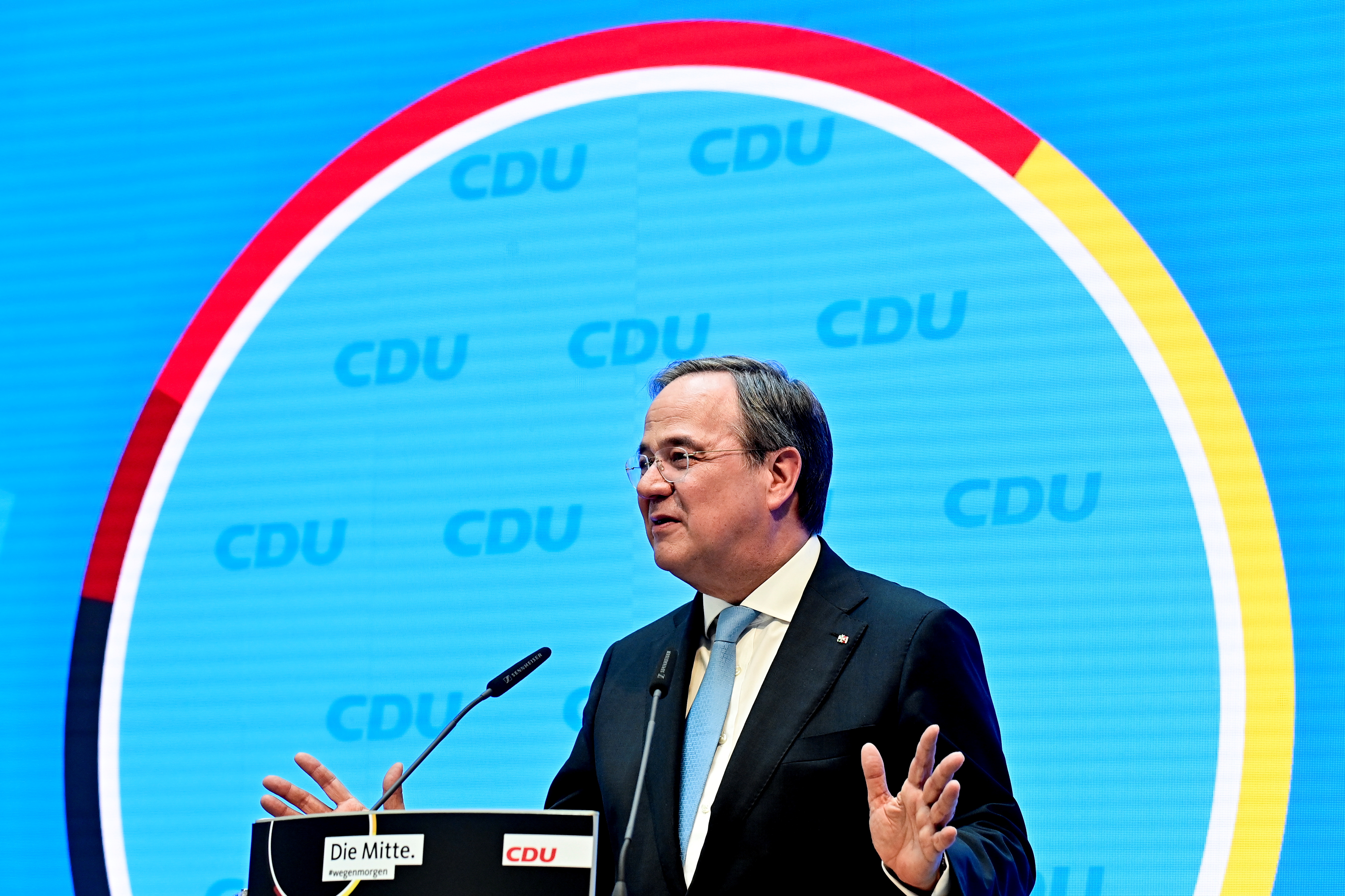 North Rhine-Westphalia's State Premier and head of Christian Democratic Union (CDU) party Armin Laschet gives a news conference at the CDU headquarters in Berlin, Germany April 20, 2021.  Tobias Schwarz/Pool via REUTERS/File Photo