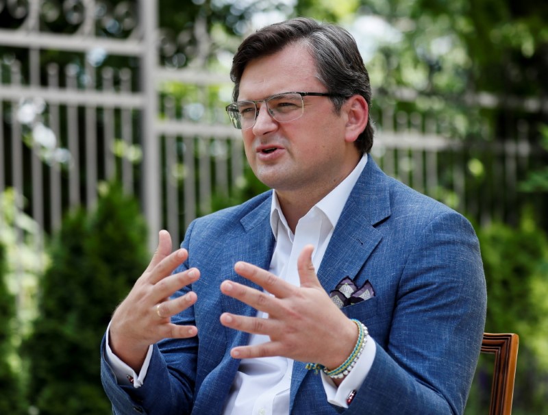 Ukrainian Foreign Minister Kuleba speaks during an interview in Kyiv
