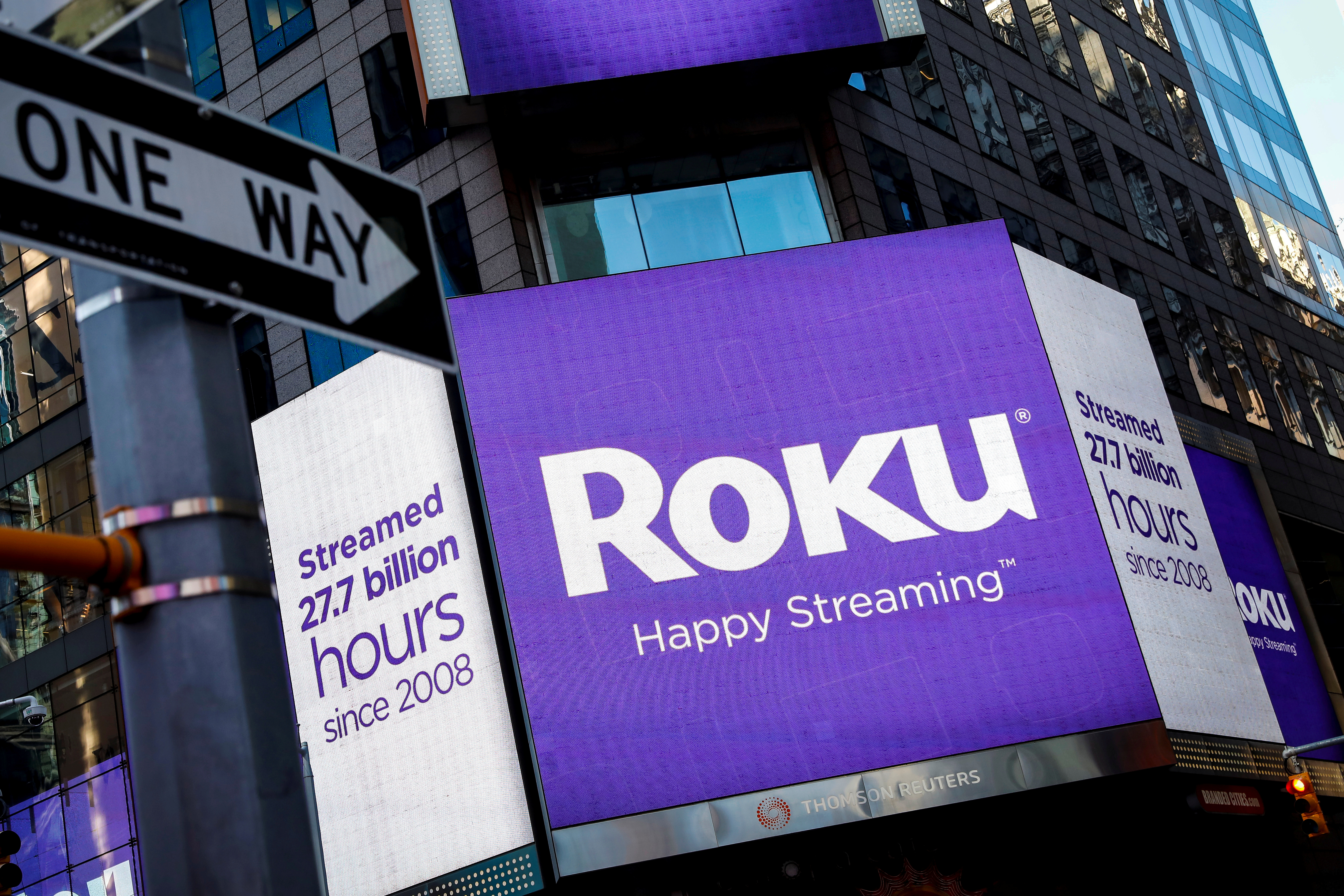 FILE PHOTO A video sign displays the logo for Roku Inc, a Fox-backed video streaming firm, in Times Square after the company's IPO at the Nasdaq Market in New York