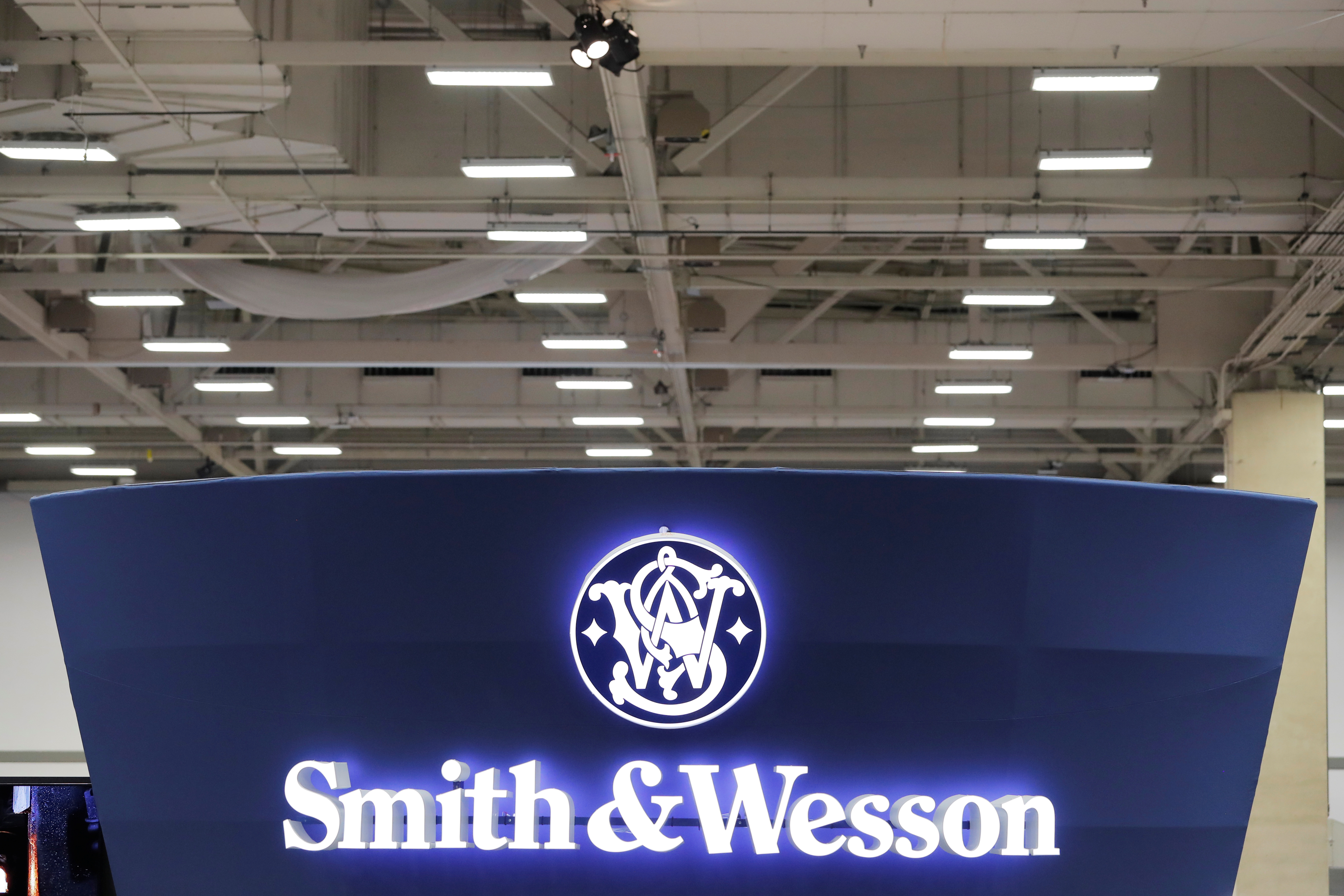 A Smith & Wesson logo is displayed during the annual National Rifle Association (NRA) convention in Dallas, Texas