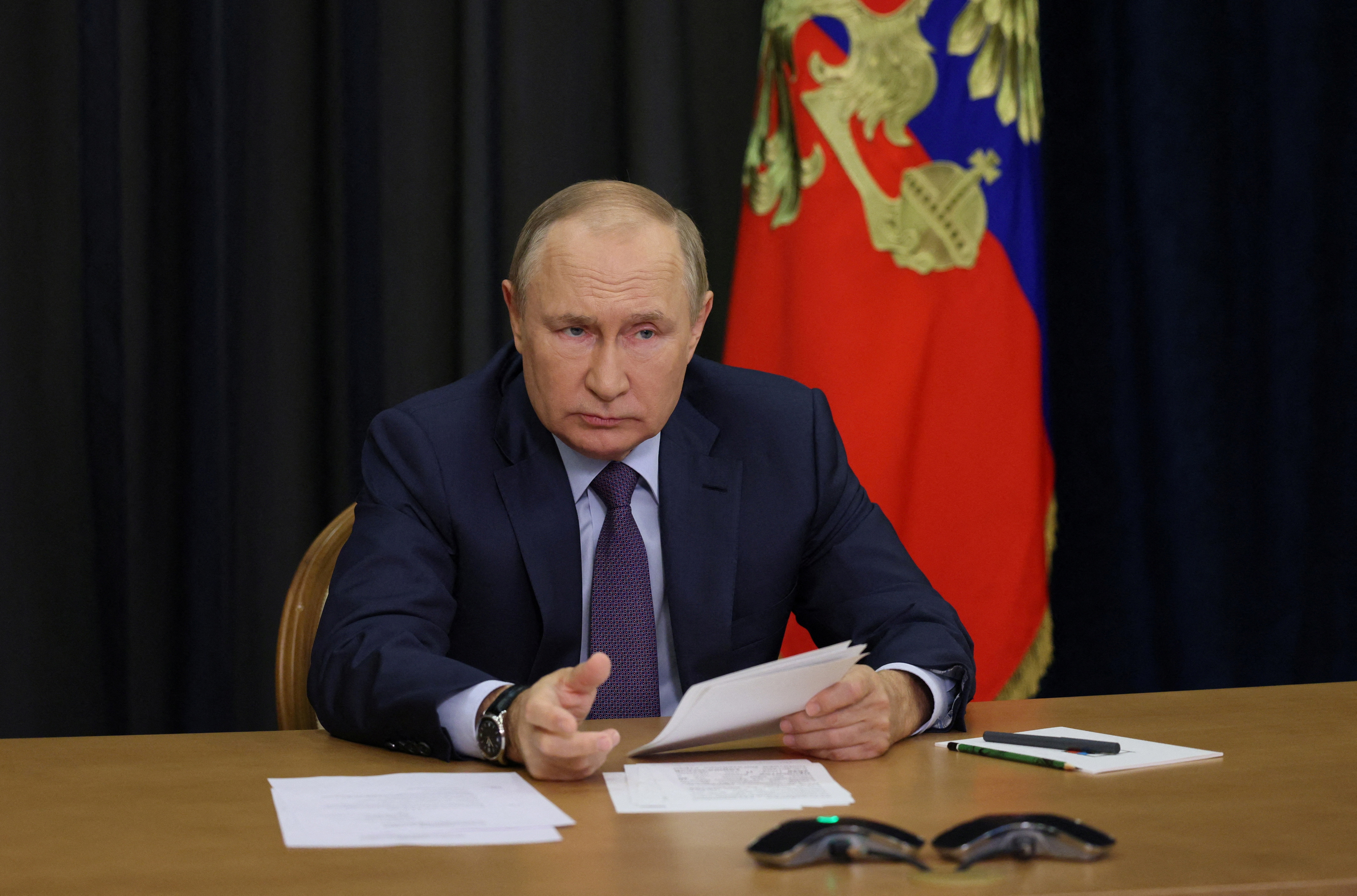 Russian President Vladimir Putin chairs a meeting on agriculture issues via video link in Sochi