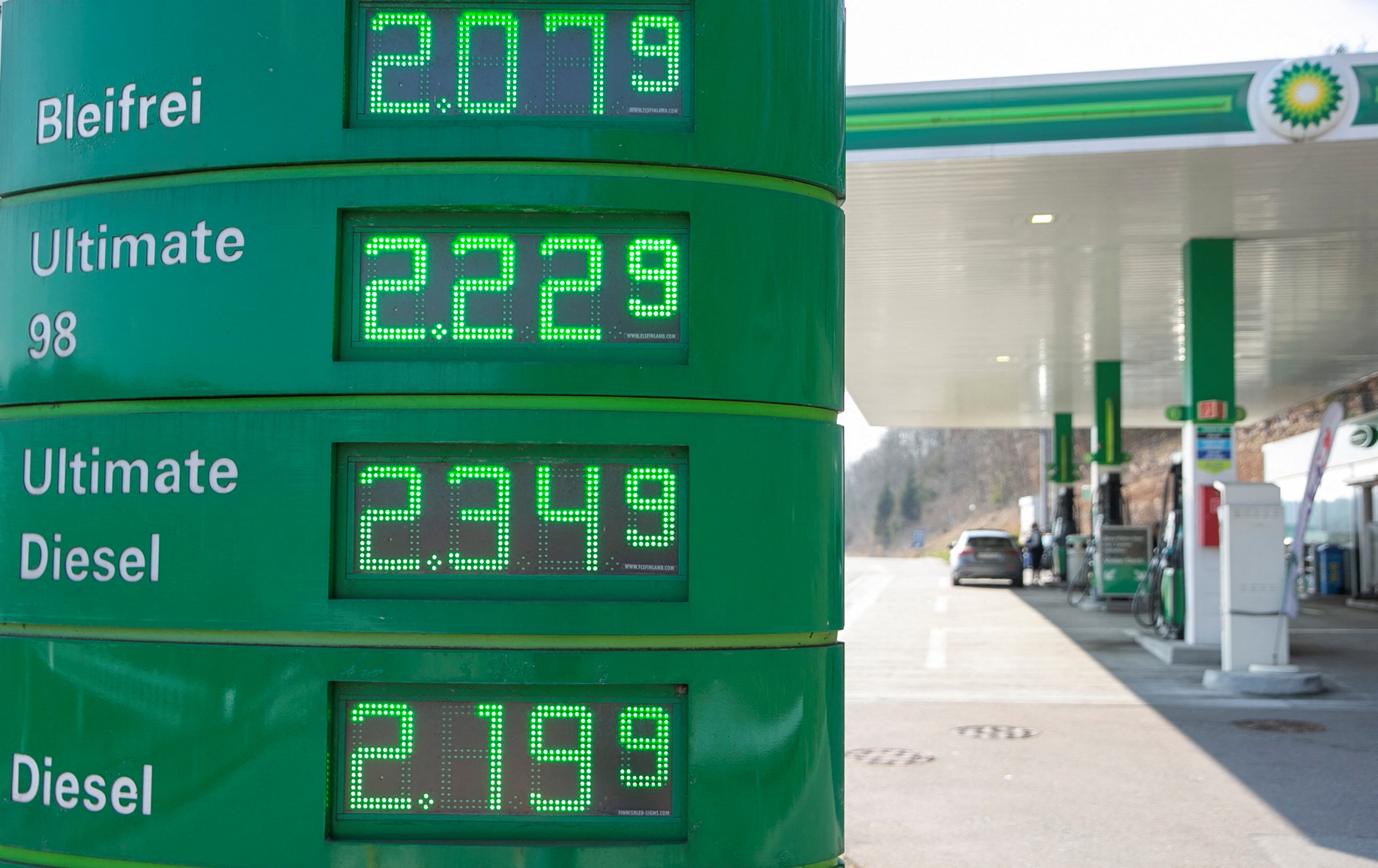 A display shows fuel prices in Swiss francs per litre at a BP gas station near Kemptthal,