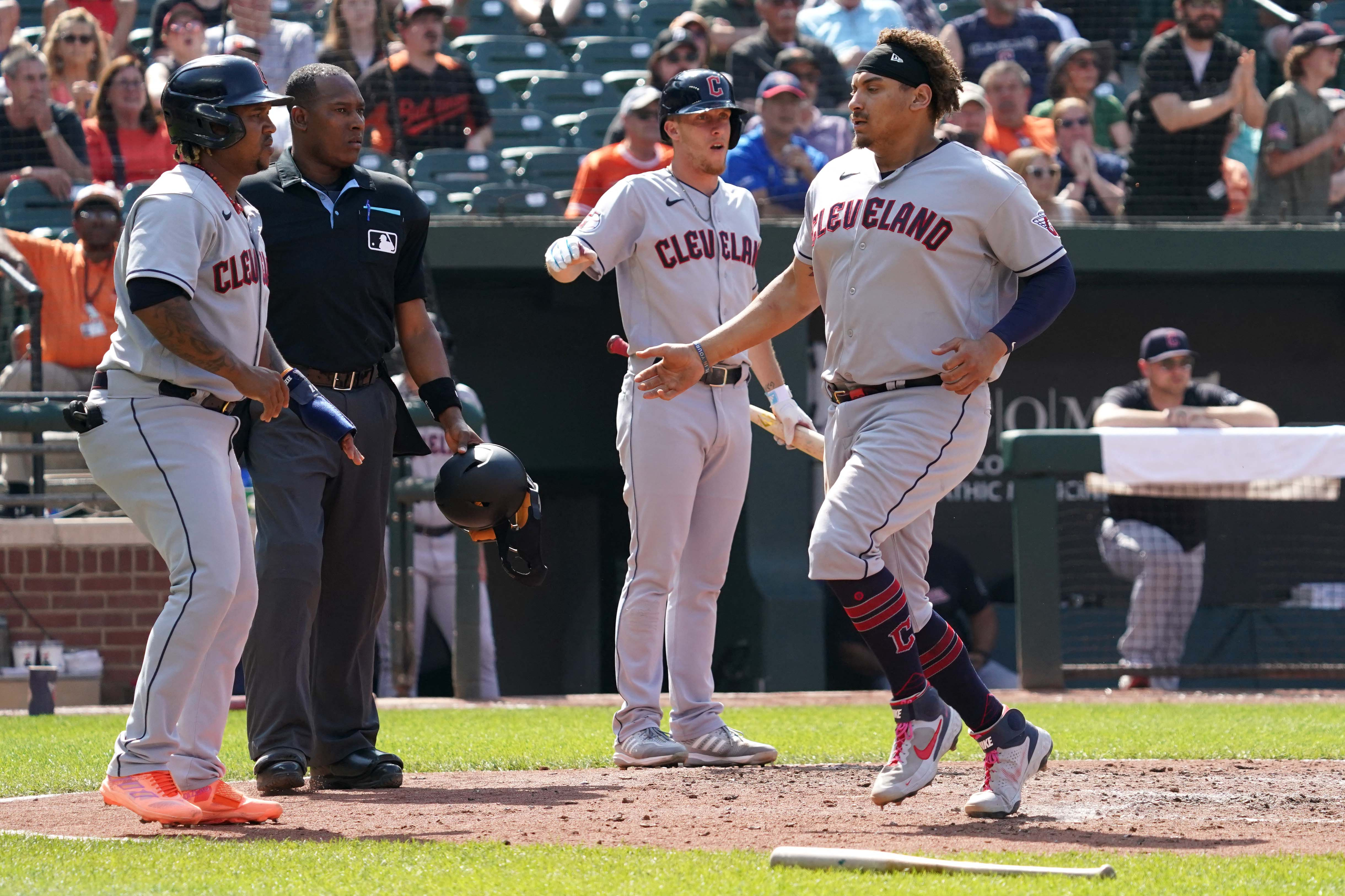 Baltimore, United States. 29th May, 2023. Cleveland Guardians first baseman Josh  Naylor (22) making contact with the pitch in the top of the third inning  against the Baltimore Orioles at Oriole Park