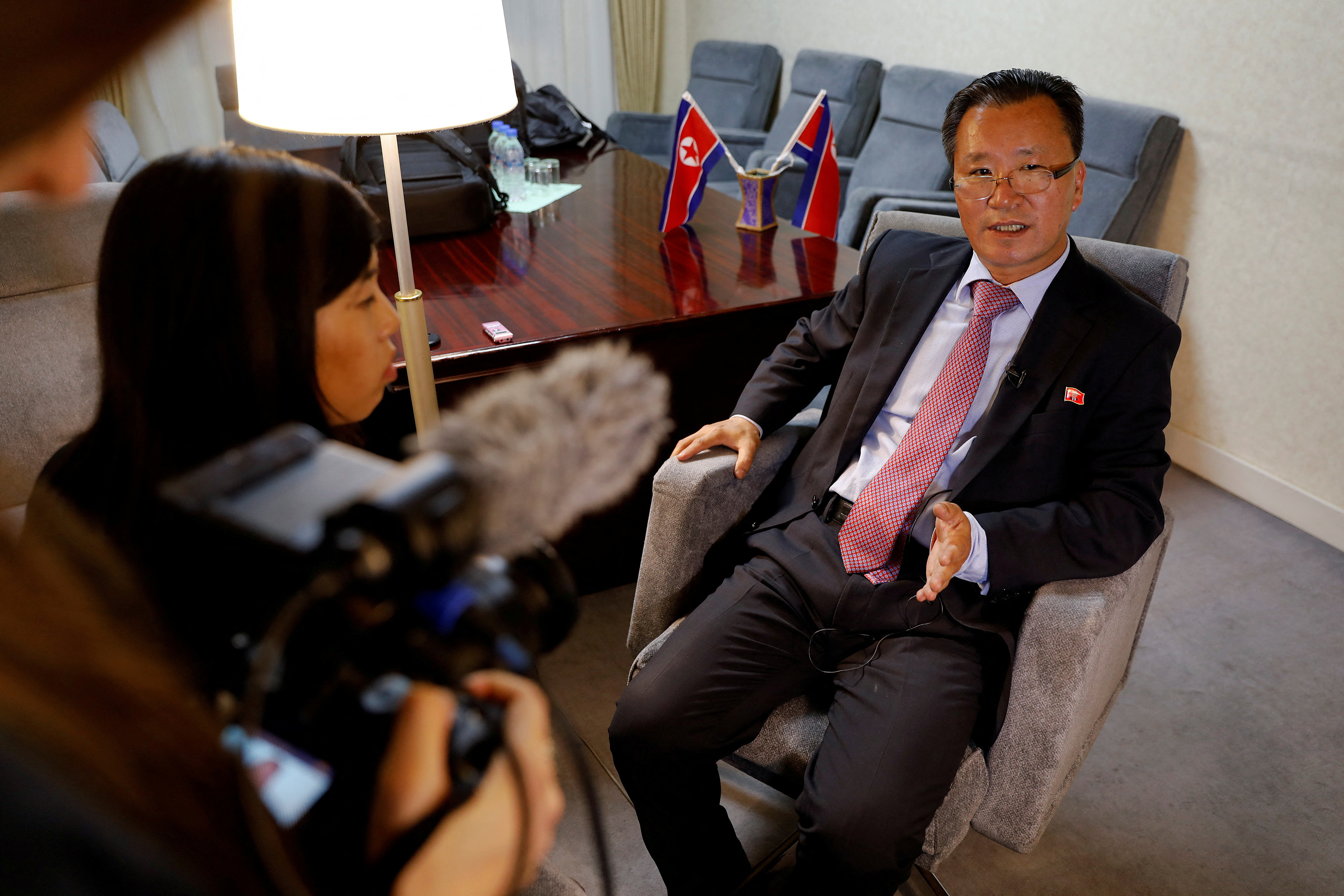 Kim Son Gyong, Director General of European Department of North Korea's Ministry of Foreign Affairs talks to Reuters reporters in Pyongyang