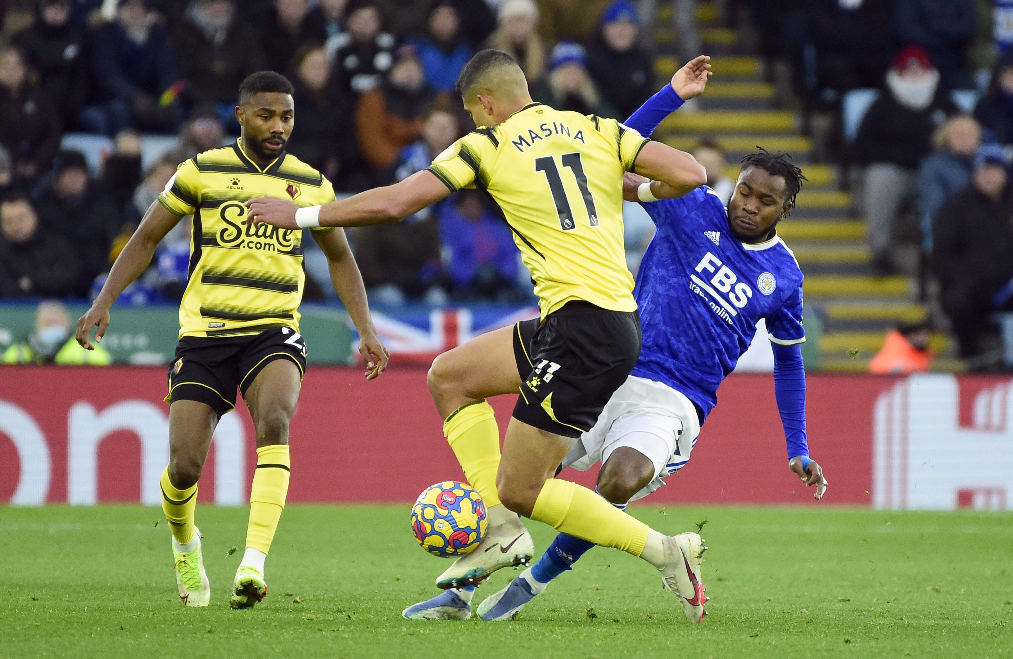Soccer Football - Premier League - Leicester City v Watford - King Power Stadium, Leicester, Britain - November 28, 2021 Leicester City's Ademola Lookman in action with Watford's Adam Masina REUTERS/Rebecca Naden  