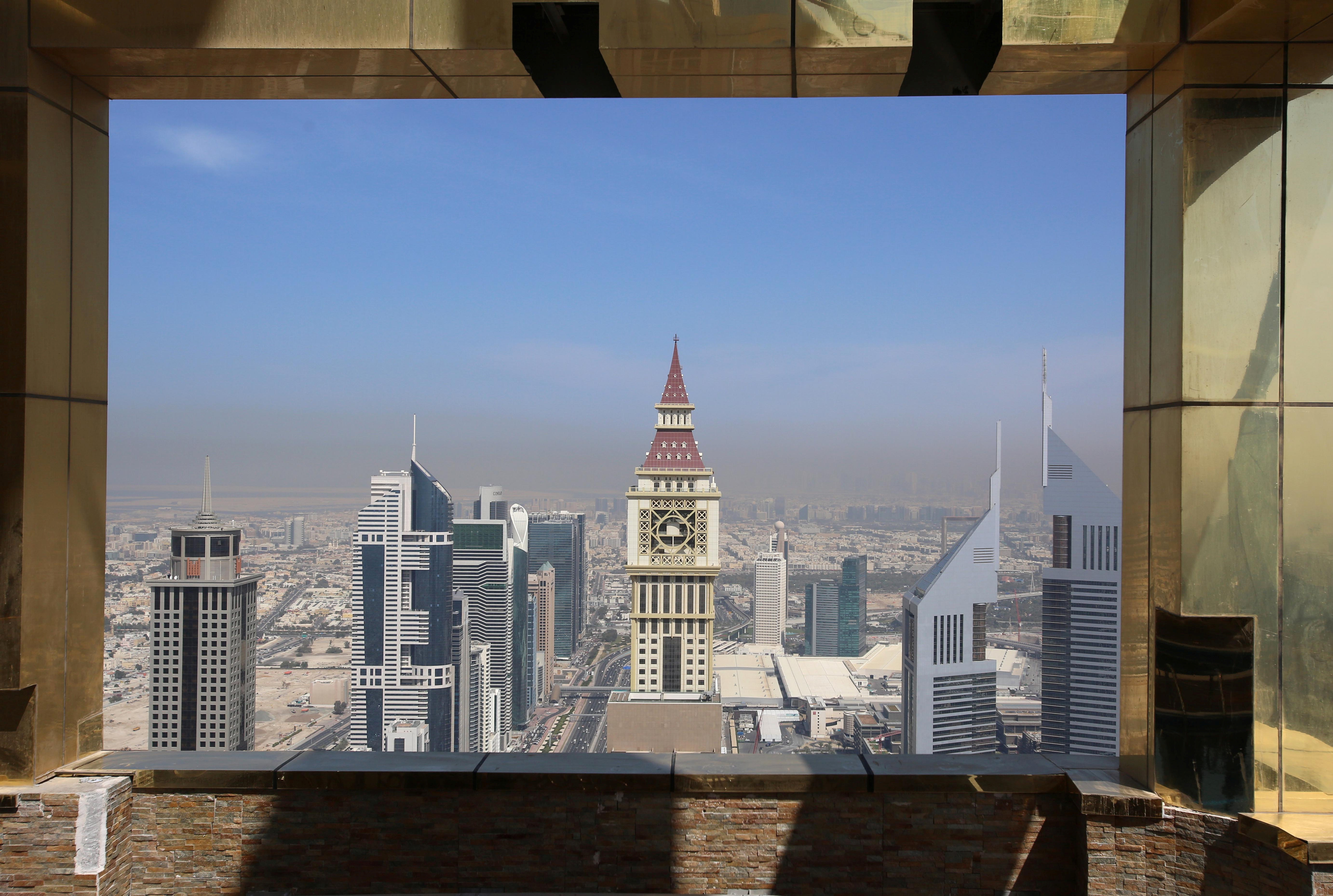 View shows Dubai Skyline from the 71st floor of the Gevora Hotel, the world's tallest hotel, in Dubai