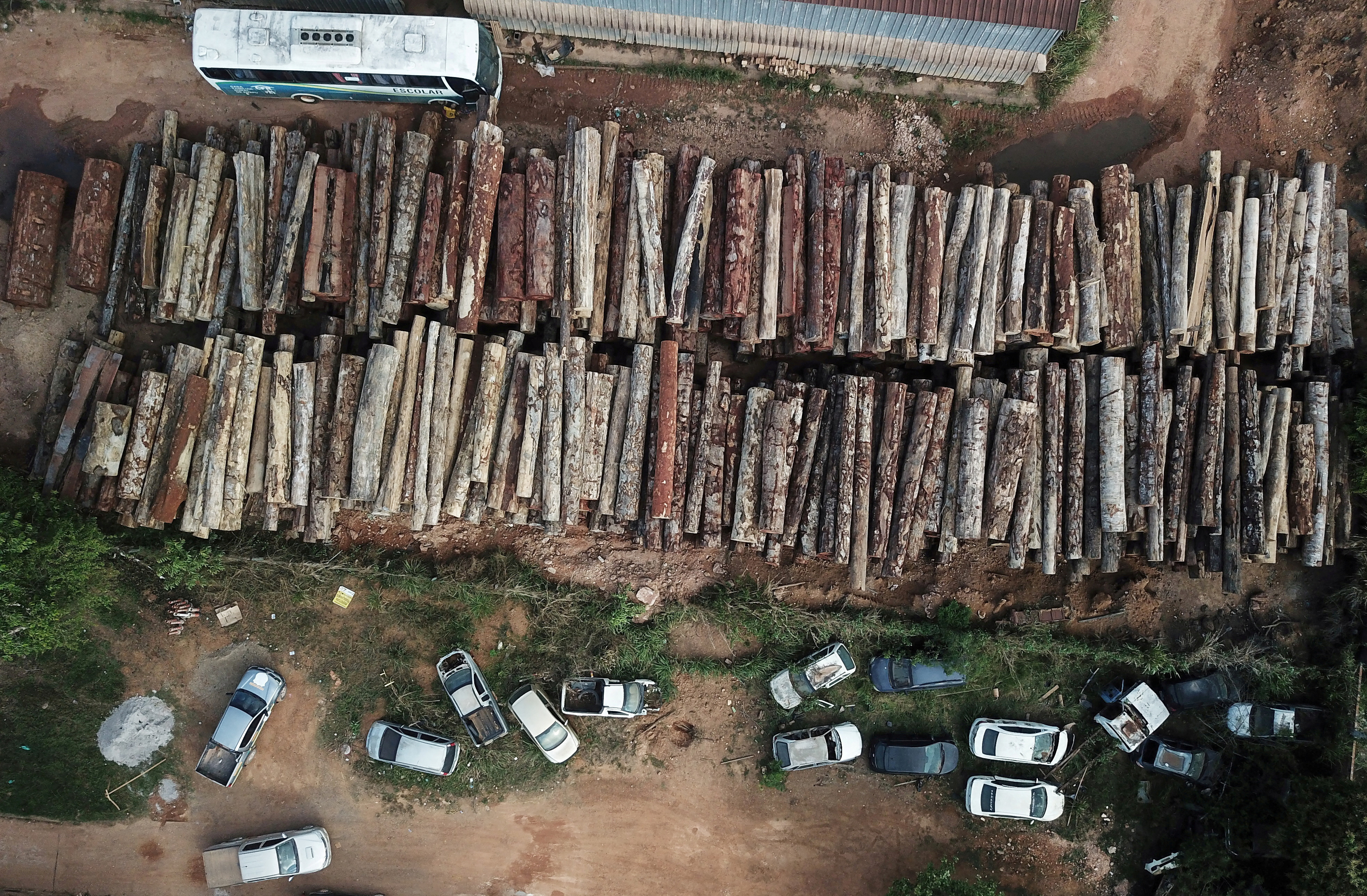 An aerial view shows logs that were illegally cut from Amazon rainforest in Anapu
