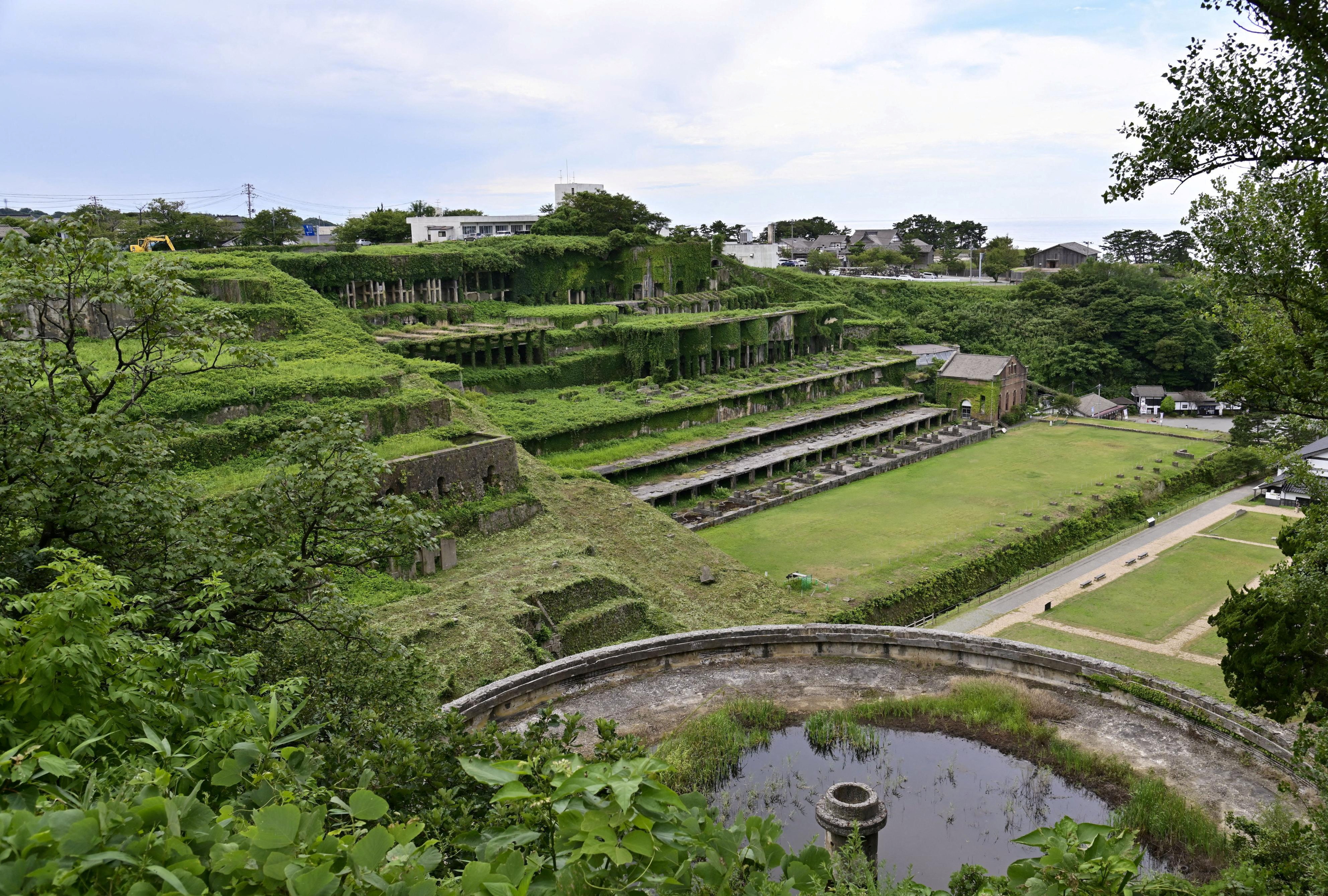 General view shows Kitazawa Flotation Plant at ruins of Aikawa Gold and Silver Mine in Sado on Sado Island