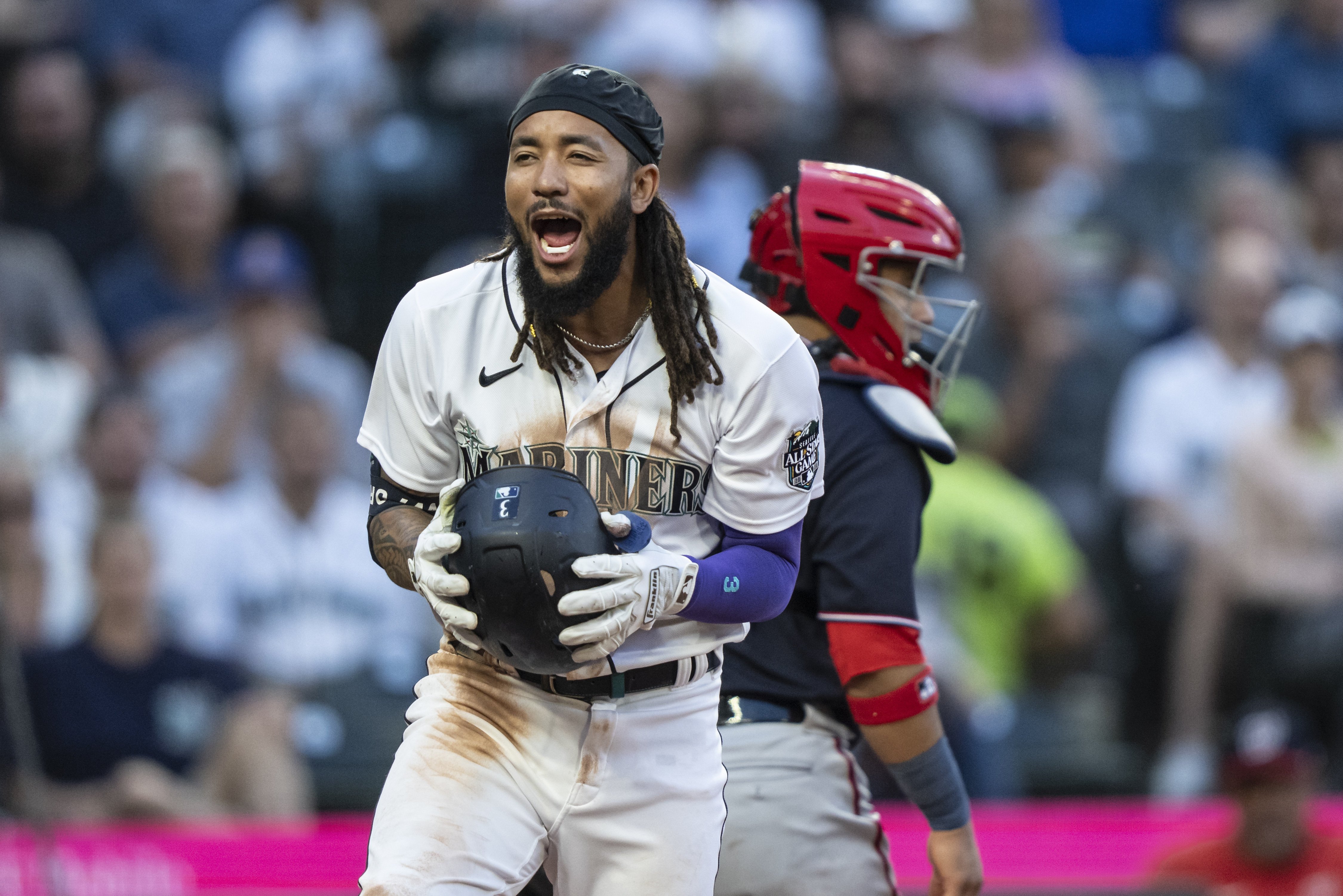 Teoscar Hernandez of the Seattle Mariners celebrates a run against the  Washington Nationals during the fifth inning at T-Mobile Park on June 26,  2023, in Seattle, Washington., National Sports