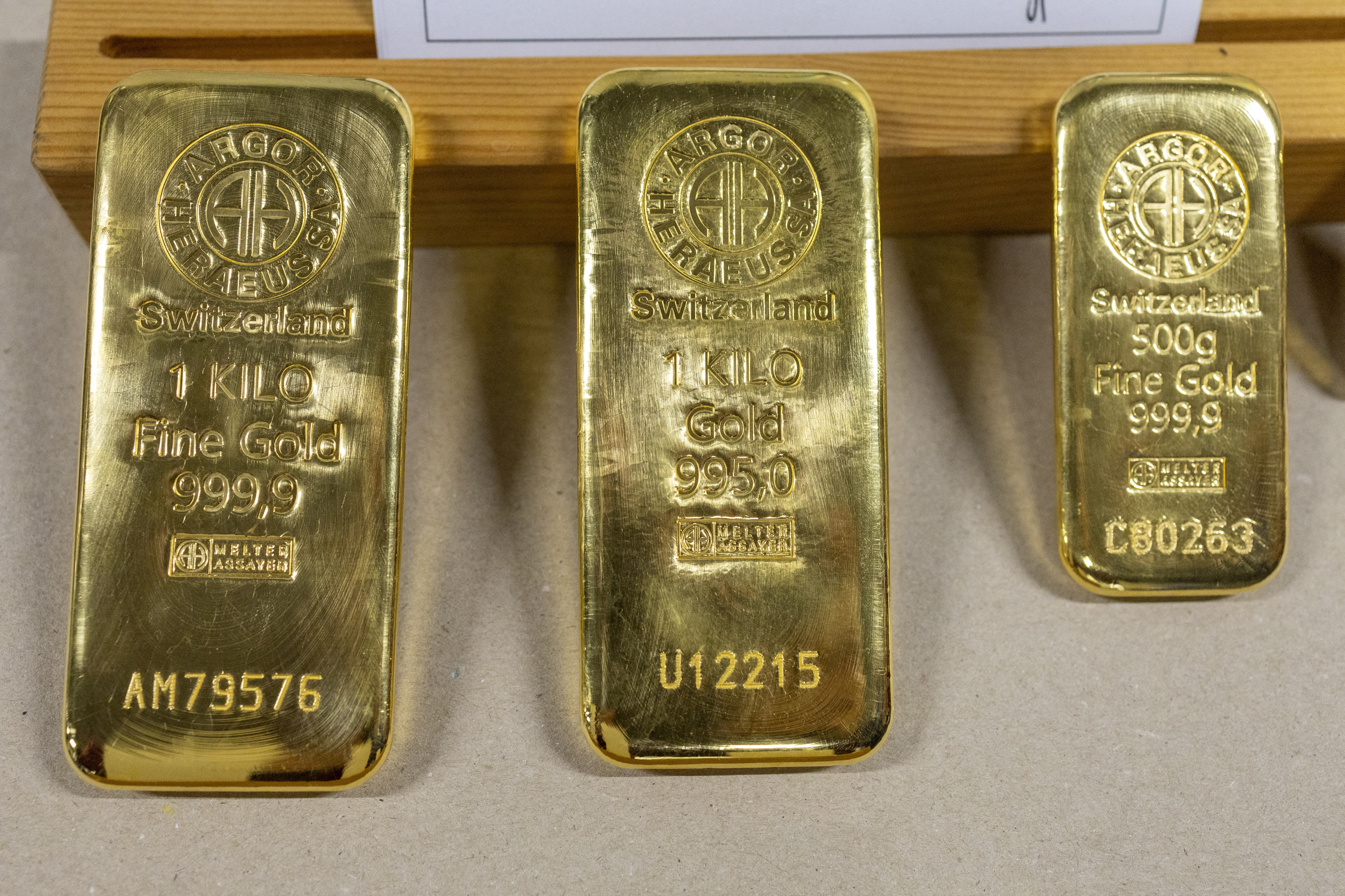Gold bars are pictured in a display area at the plant of Argor-Heraeus in Mendrisio