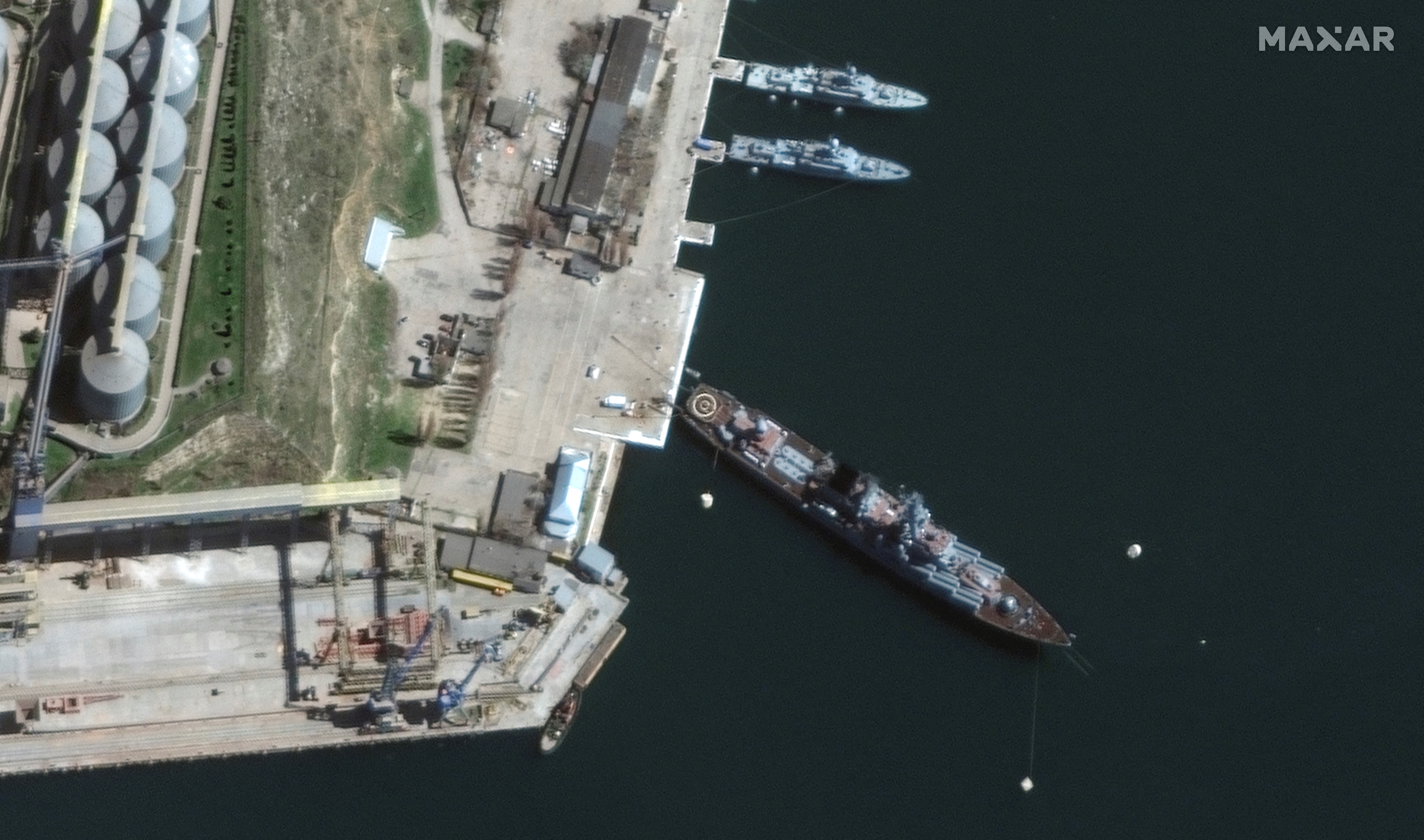 A satellite image shows a view of Russian Navy's guided missile cruiser Moskva at port, in Sevastopol