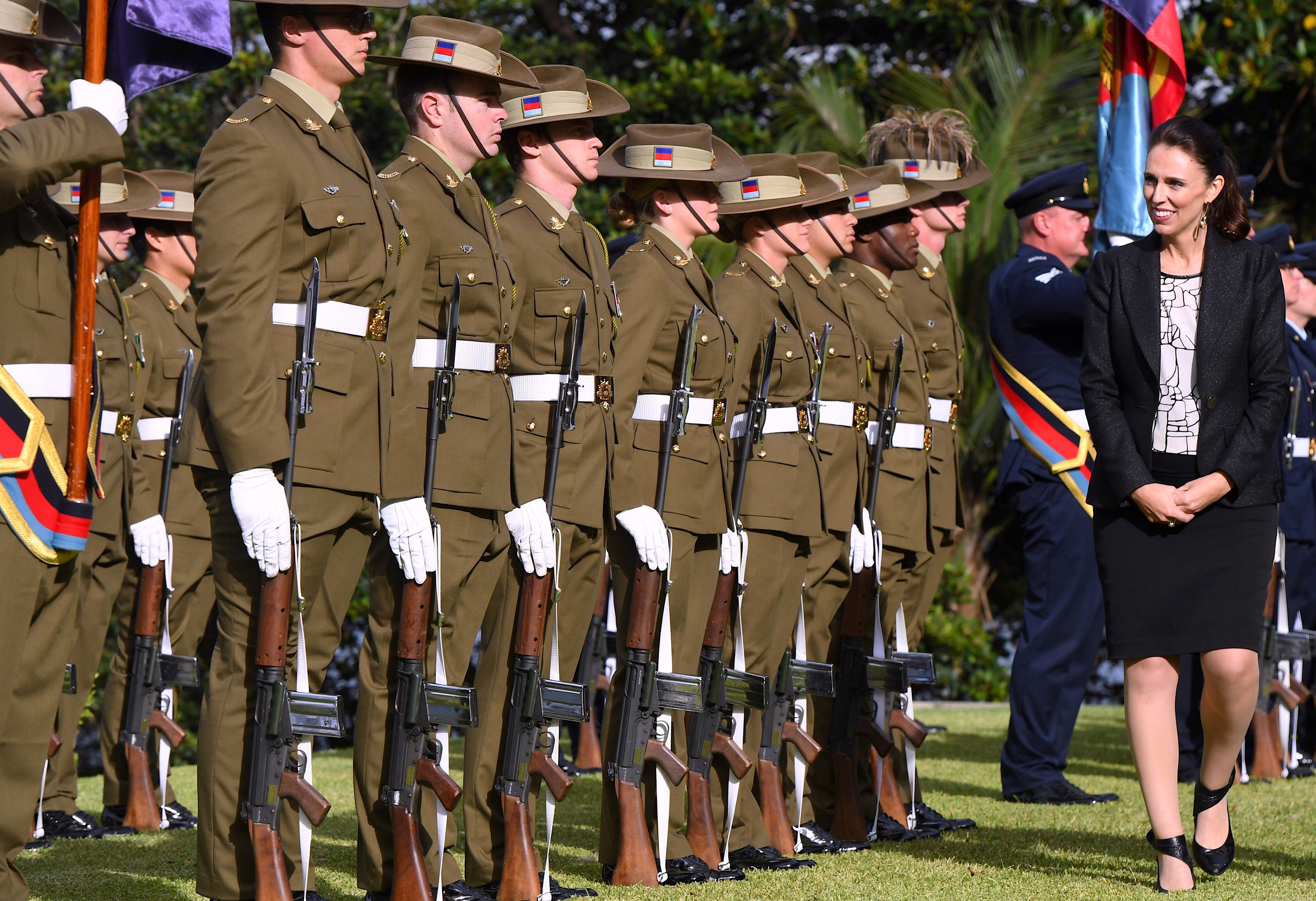 New Zealand Prime Minister Jacinda Ardern inspects soldiers during an official welcoming ceremony at Admiralty House in Sydney