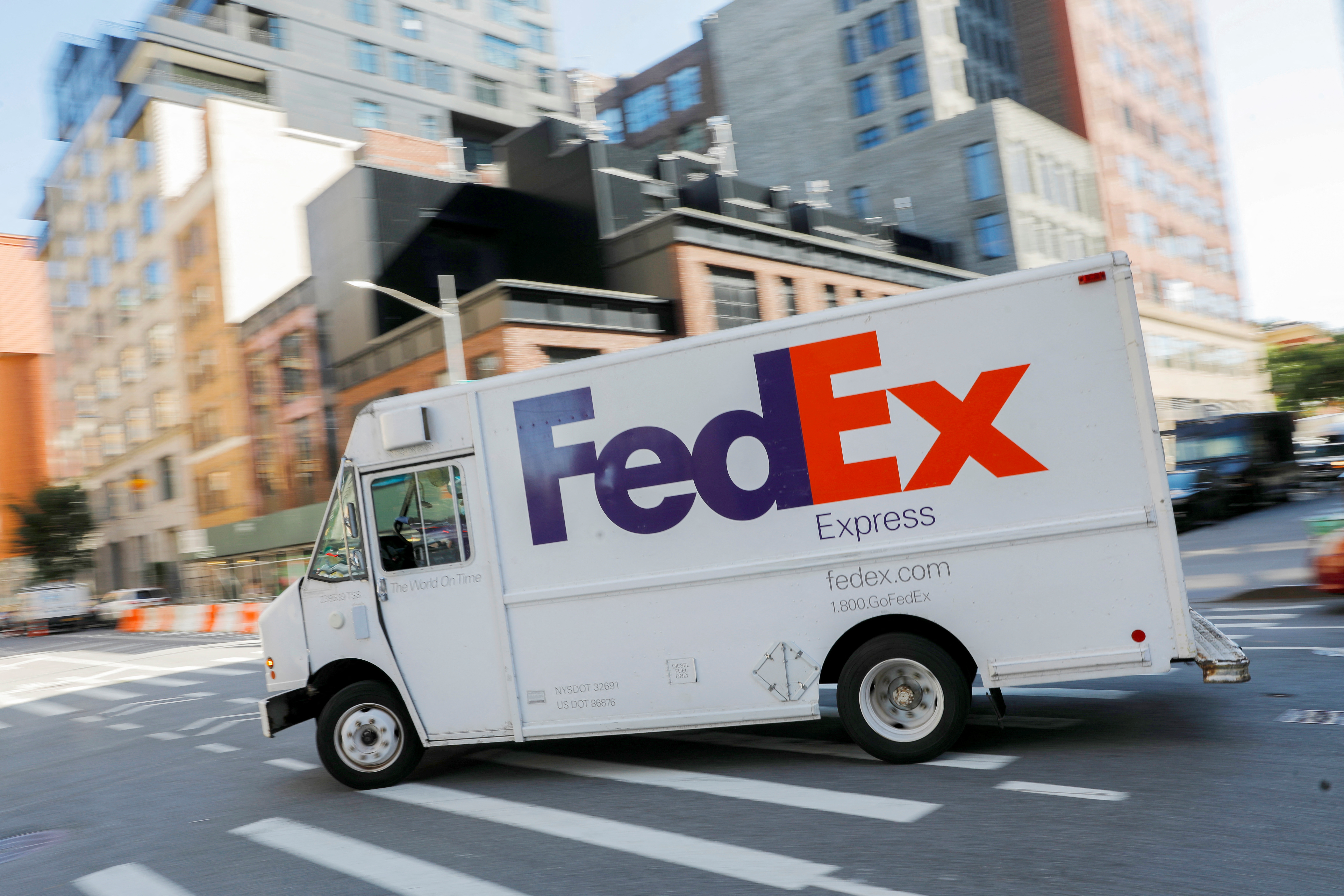 A FedEx vehicle is driven in Manhattan, New York City