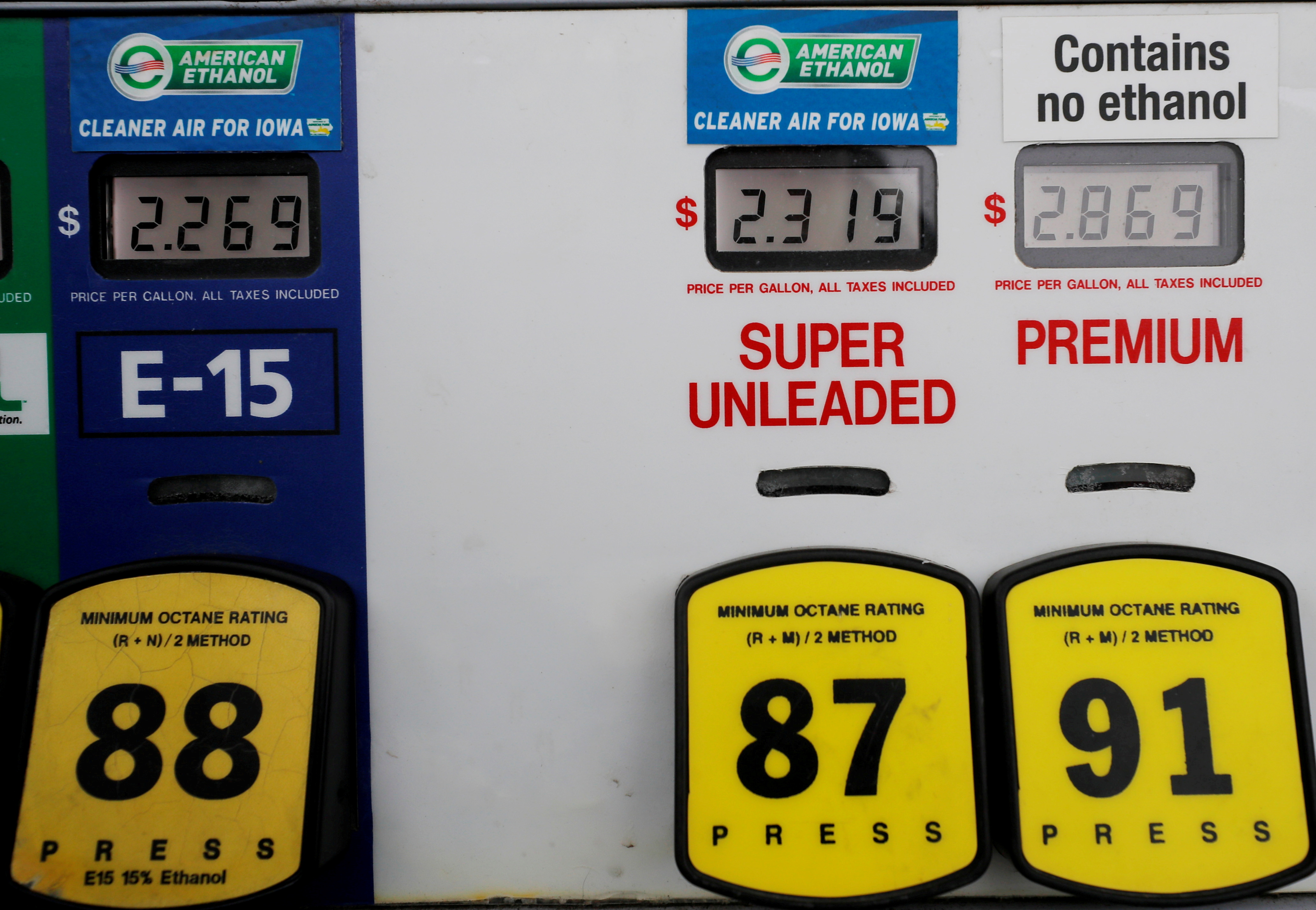 Choices at the gas pump including ethanol or no ethanol gas are seen in Des Moines, Iowa, U.S., January 29, 2020. REUTERS/Brian Snyder