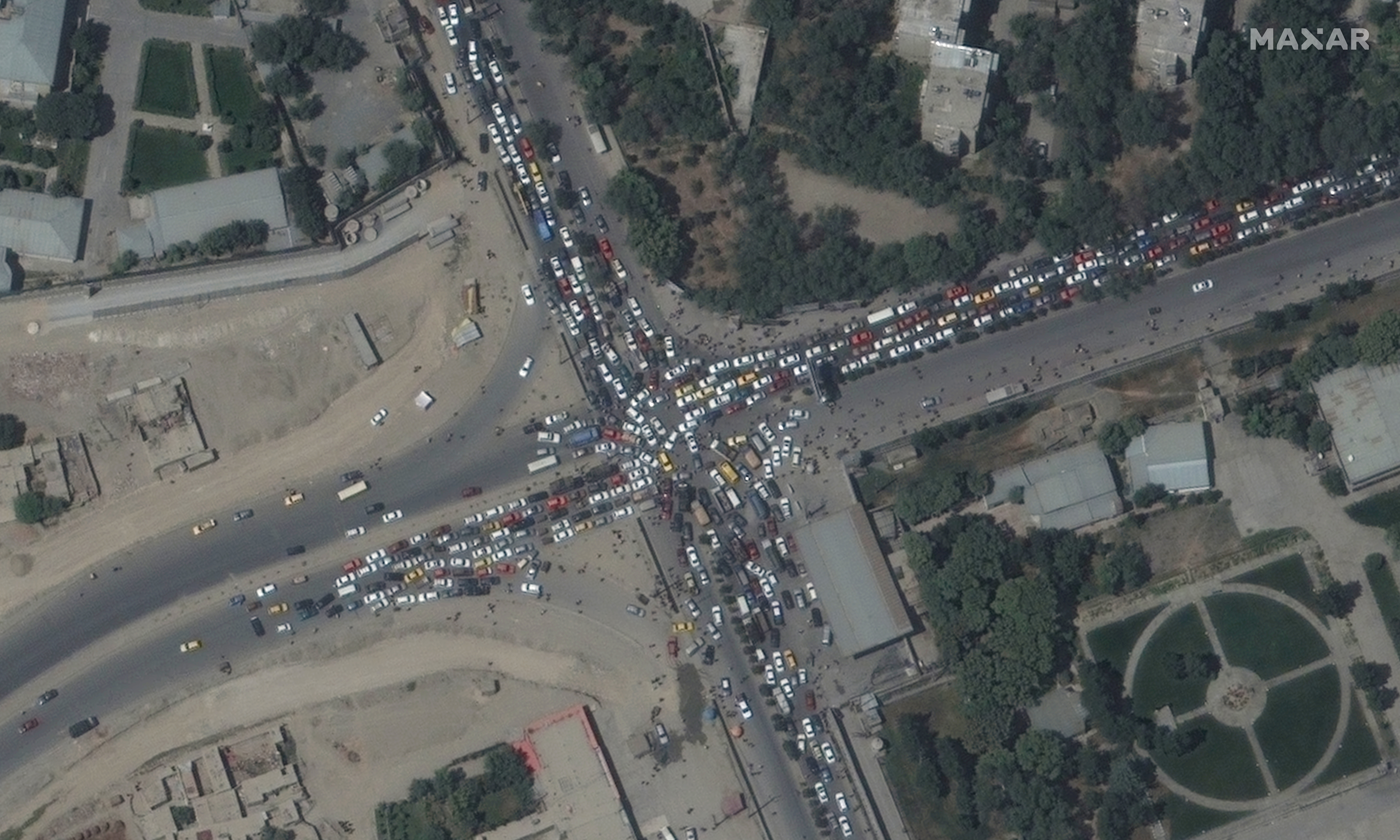 Traffic jam and crowds are seen near Kabul's airport in Afghanistan August 16, 2021. SATELLITE IMAGE 2021 MAXAR TECHNOLOGIES/Handout via REUTERS