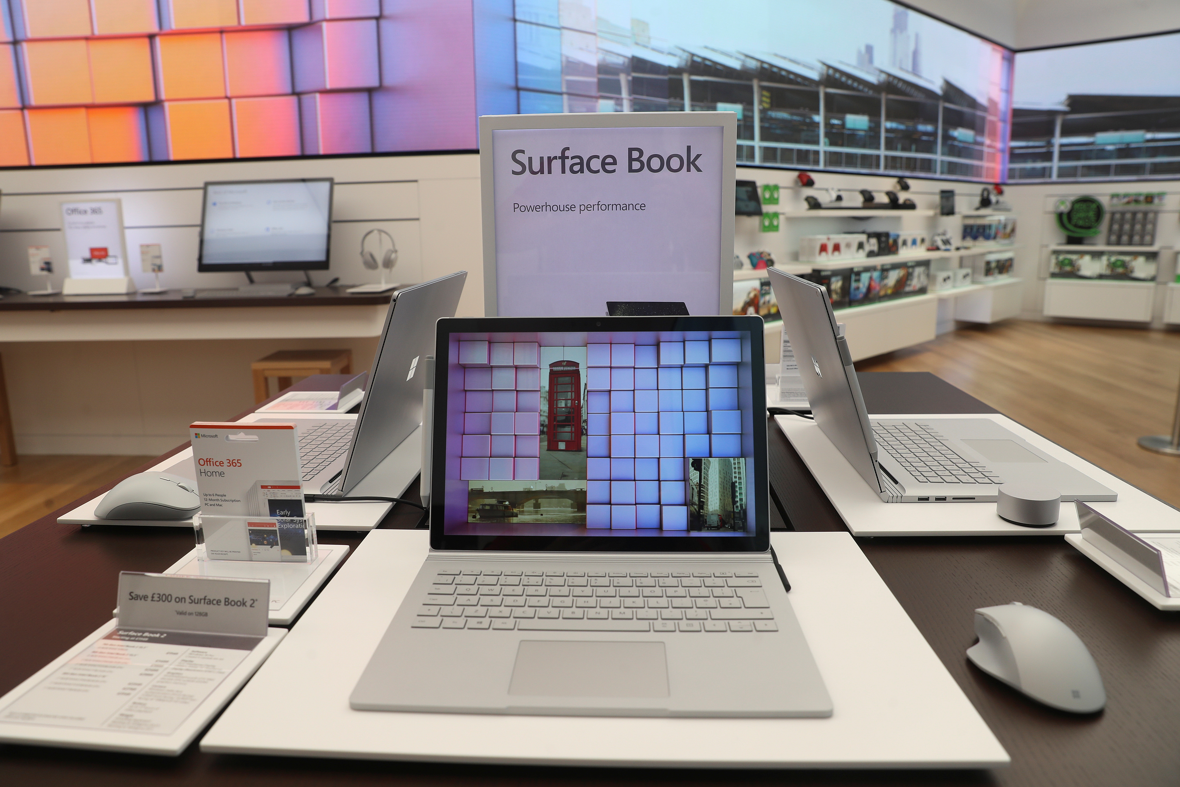 Surface book laptops sit on display at Microsoft's new Oxford Circus store ahead of its opening in London