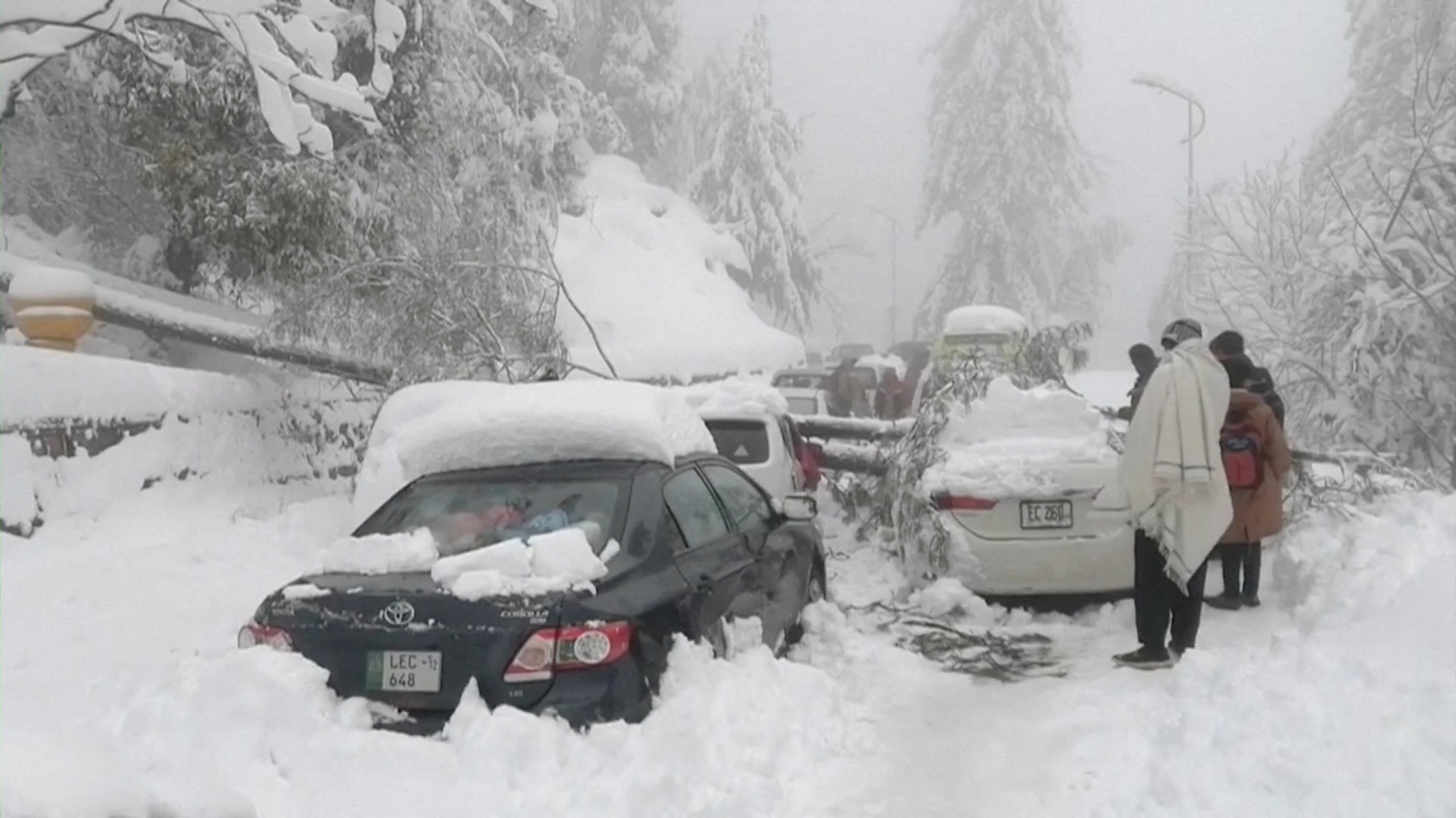 People stand next to cars stuck under fallen trees on a snowy road, in Murree, northeast of Islamabad, Pakistan in this still image taken from a video January 8, 2022. PTV/REUTERS TV via REUTERS 