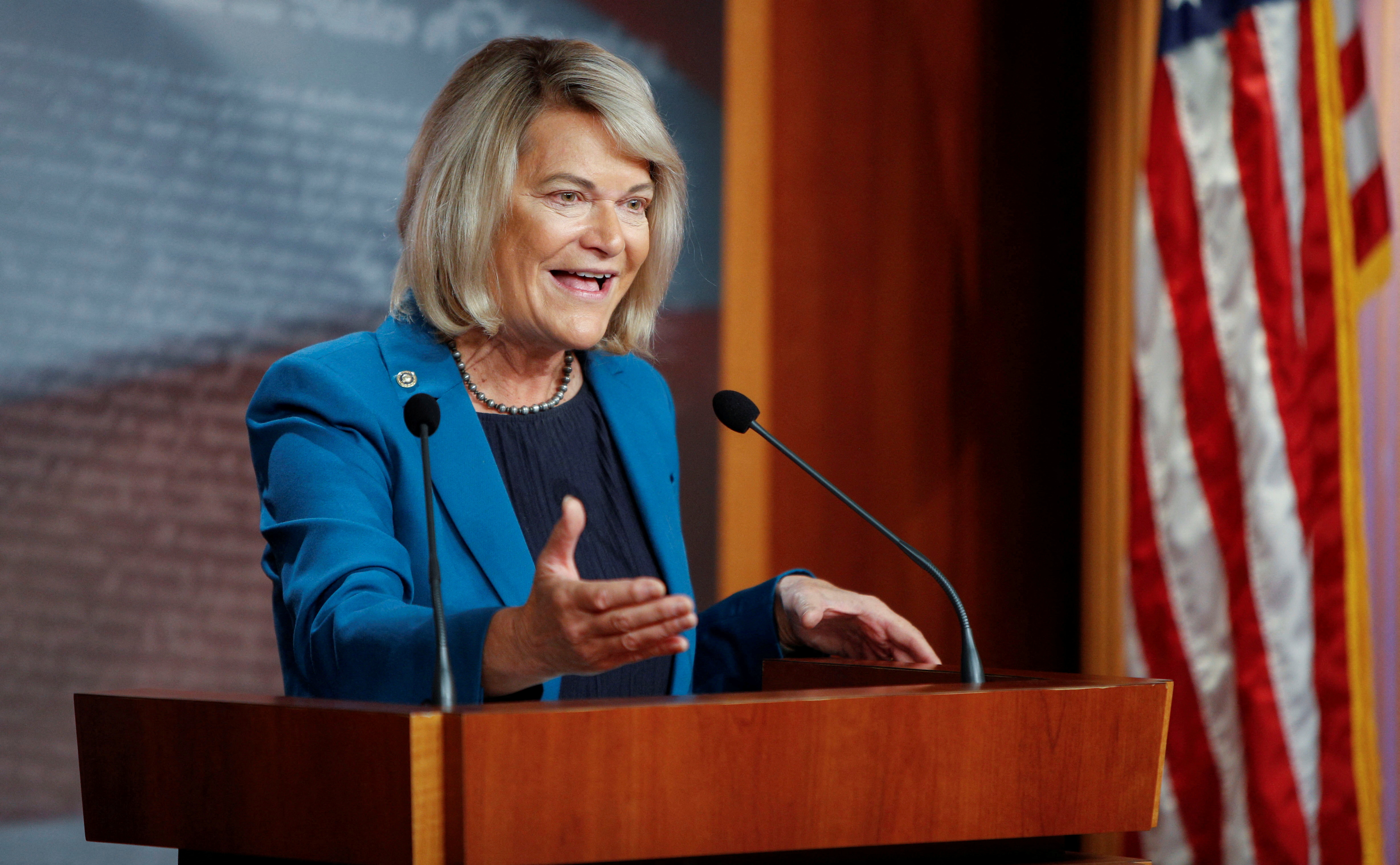 U.S. Senator Lummis holds news conference to announce agreement to fix digital asset reporting requirements in infrastructure bill in Washington