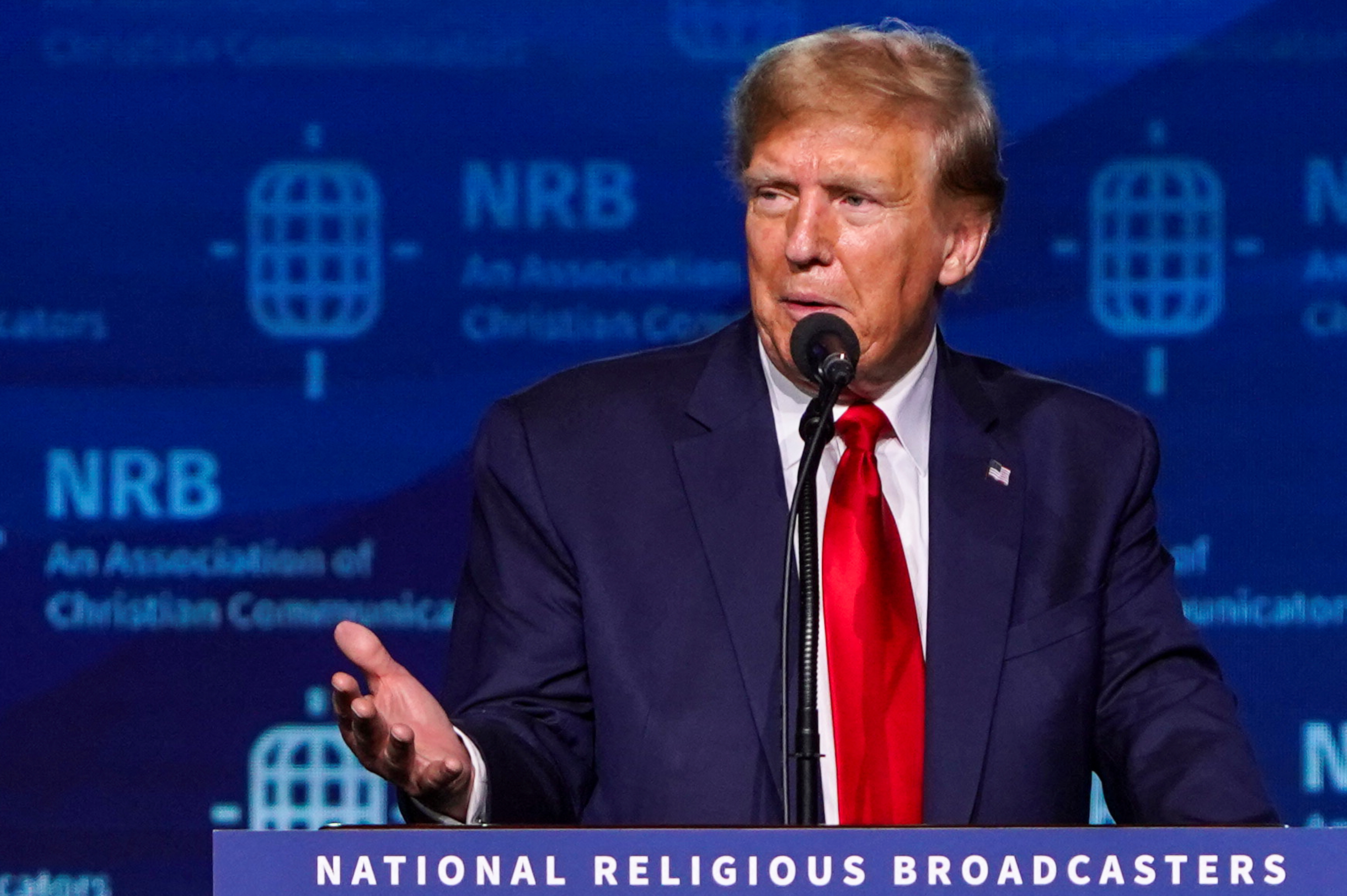 Former U.S. President and Republican presidential candidate Trump attends the 2024 National Religious Broadcasters convention, in Nashville