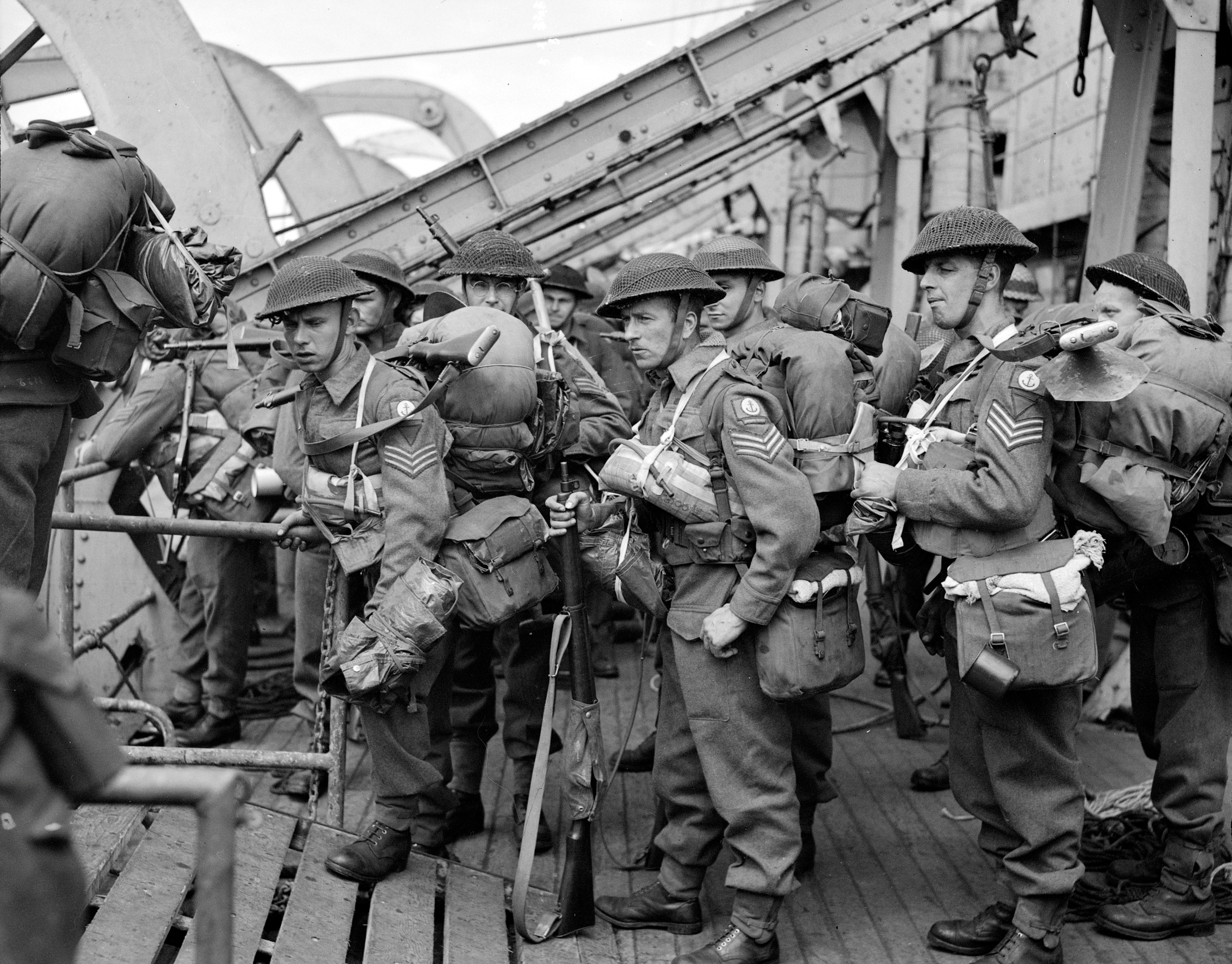 British troops disembark from the Canadian navy infantry landing ship HMCS Prince David on D-Day in Normandy