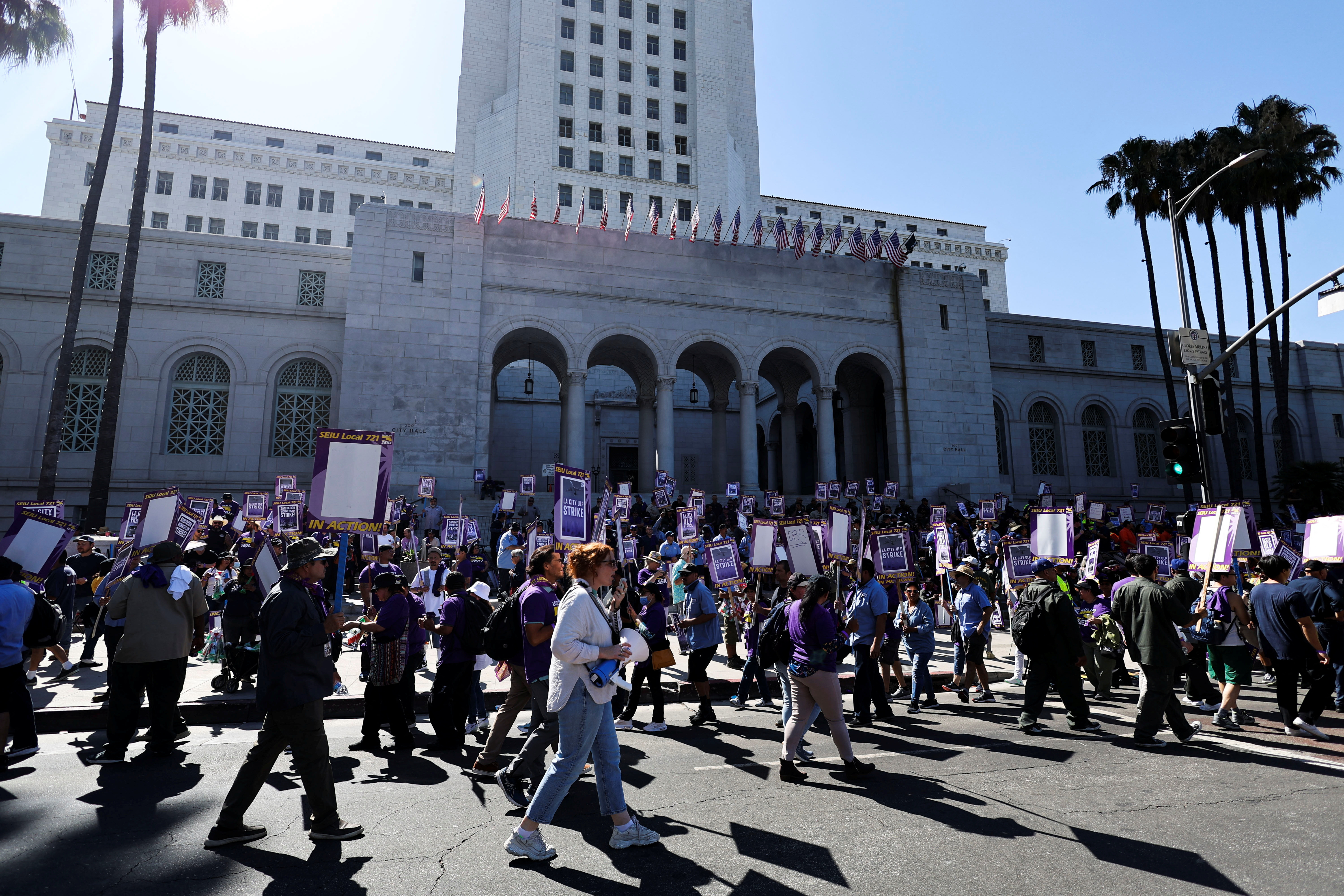 Los Angeles city workers hold a rally in protest over labor negotiations, in Los Angeles