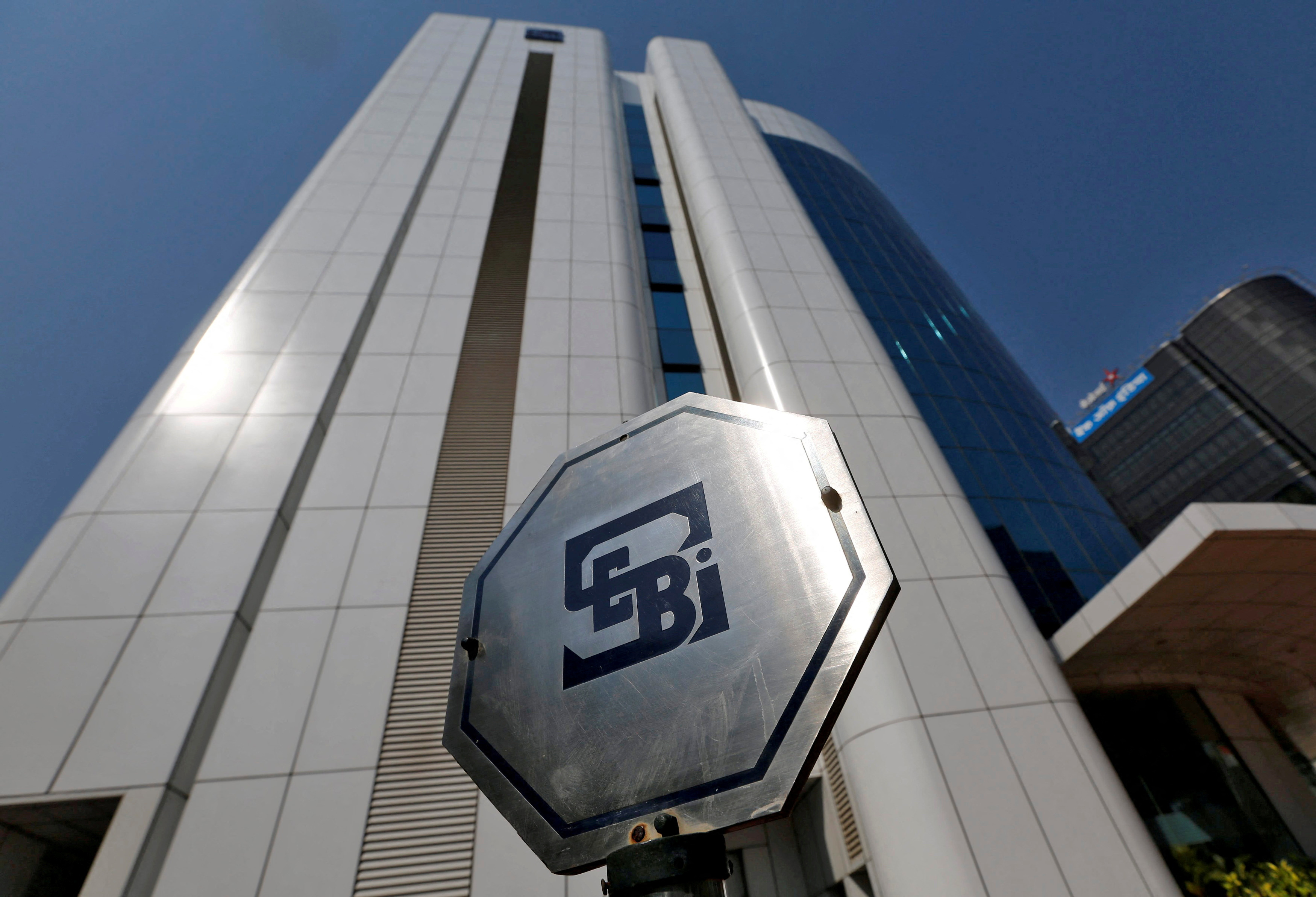 The logo of the Securities and Exchange Board of India (SEBI) at its headquarters in Mumbai