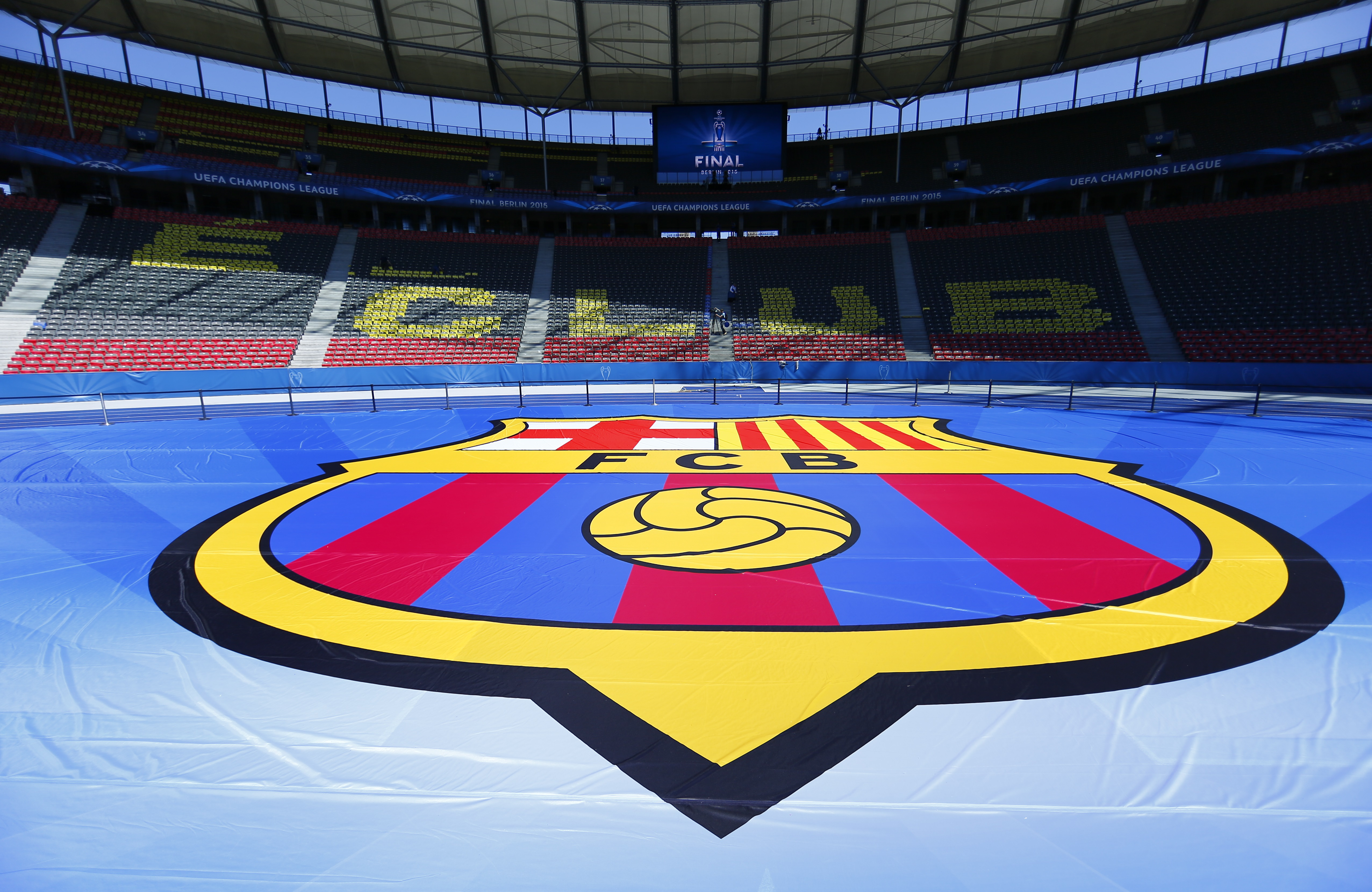 General view of the Barcelona soccer club emblem on the pitch of Olympic stadium in Berlin
