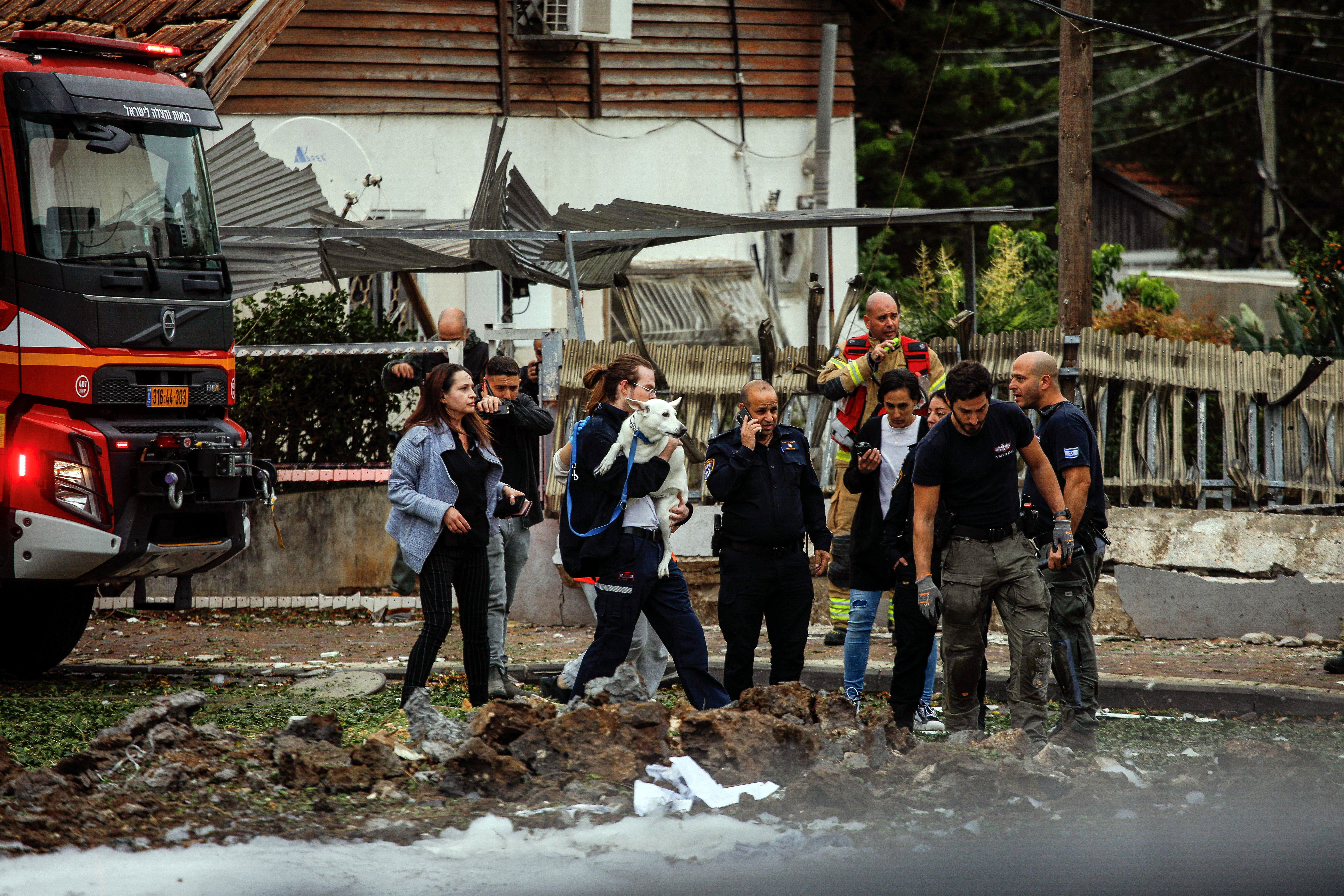 Medic personnel rescues a dog at the scene where one of the projectiles fell, after they crossed over to Israel from Lebanon, in Petah Tikva