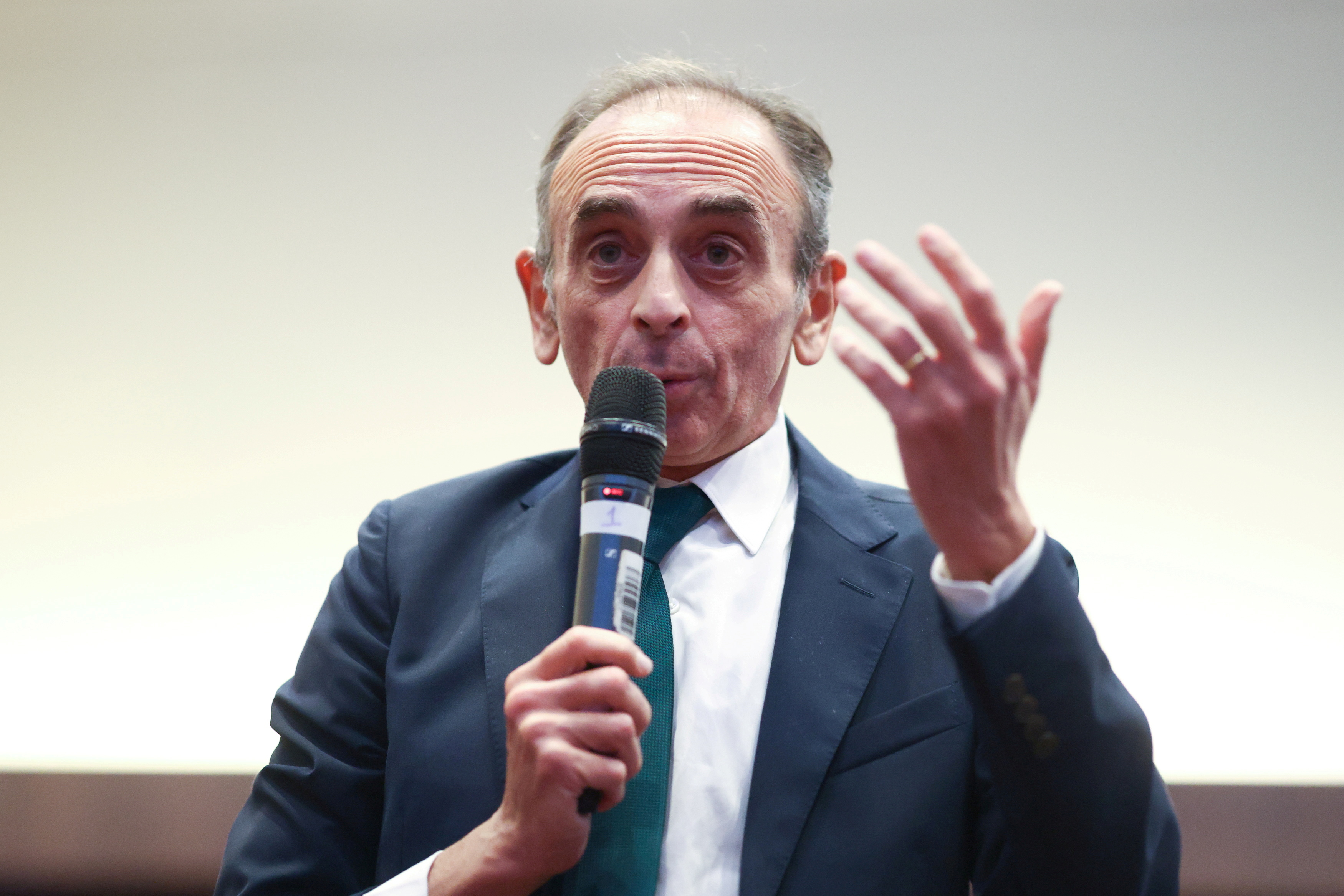 French right-wing commentator Eric Zemmour speaks at an event at the ILEC conference centre, London