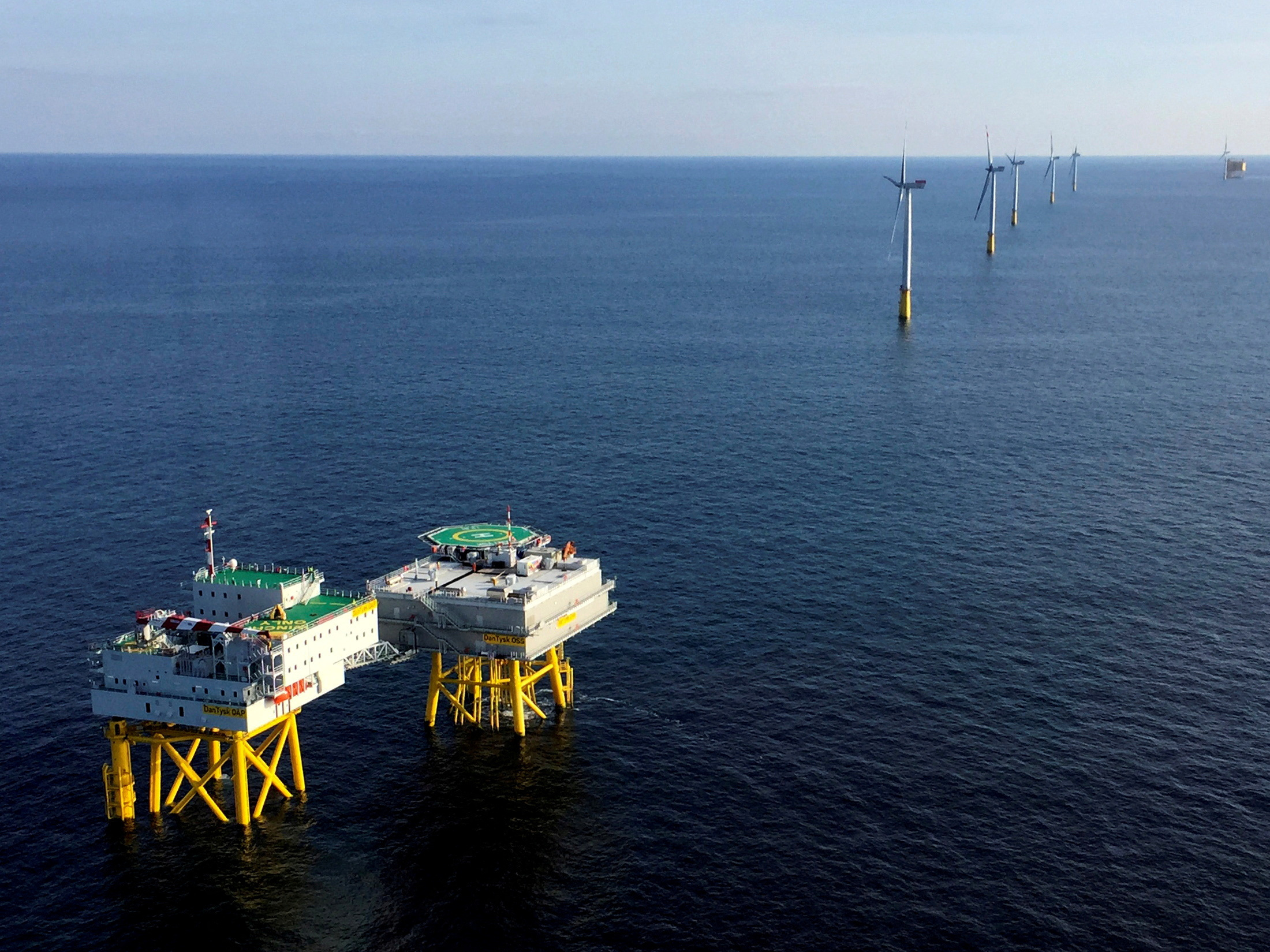 A general view of the DanTysk wind farm and Vattenfall's offshore accommodation platform, 90 kilometres west of Esbjerg